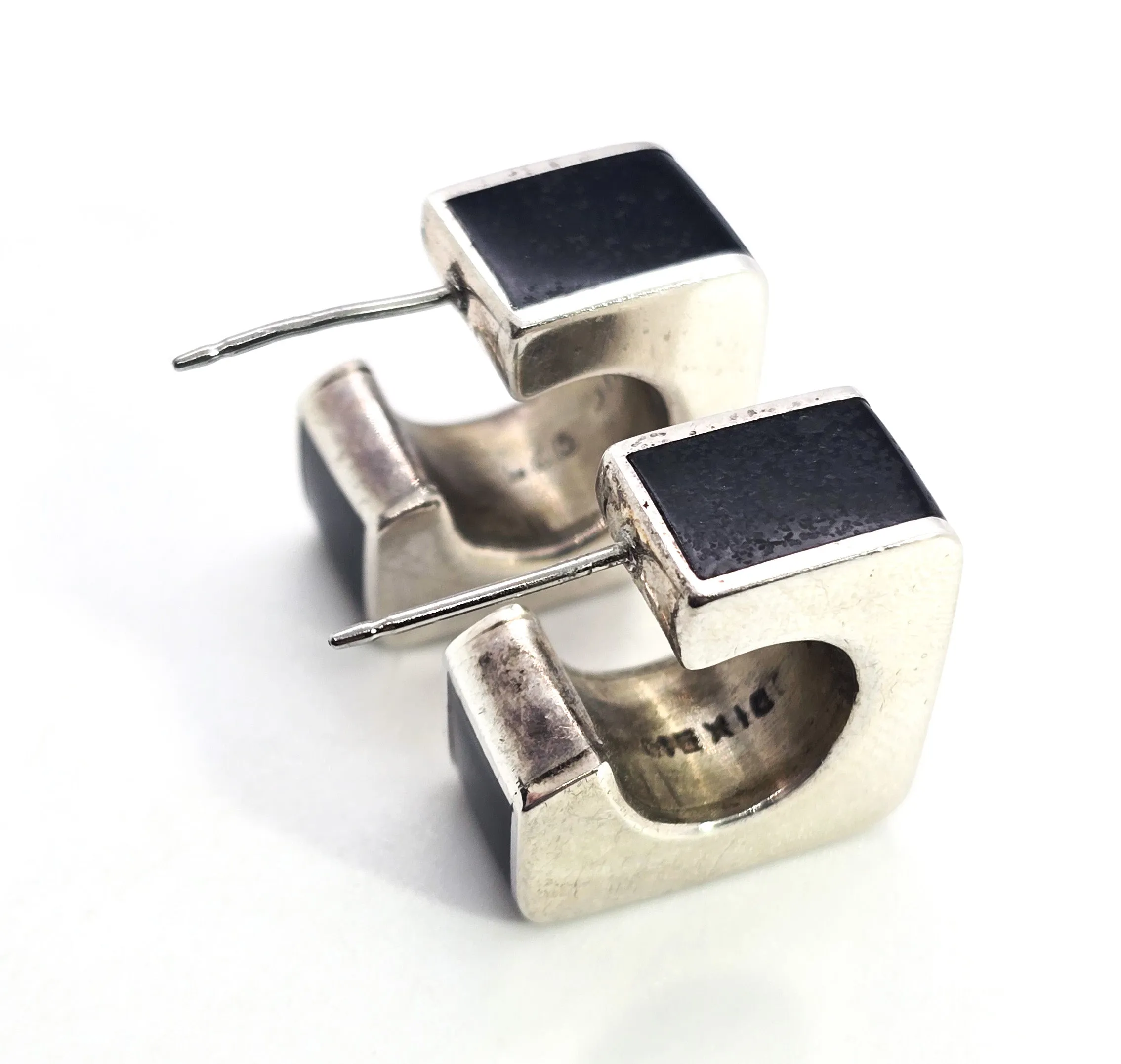 Mexican onyx inlay thick cubed sterling silver vintage hoop earrings