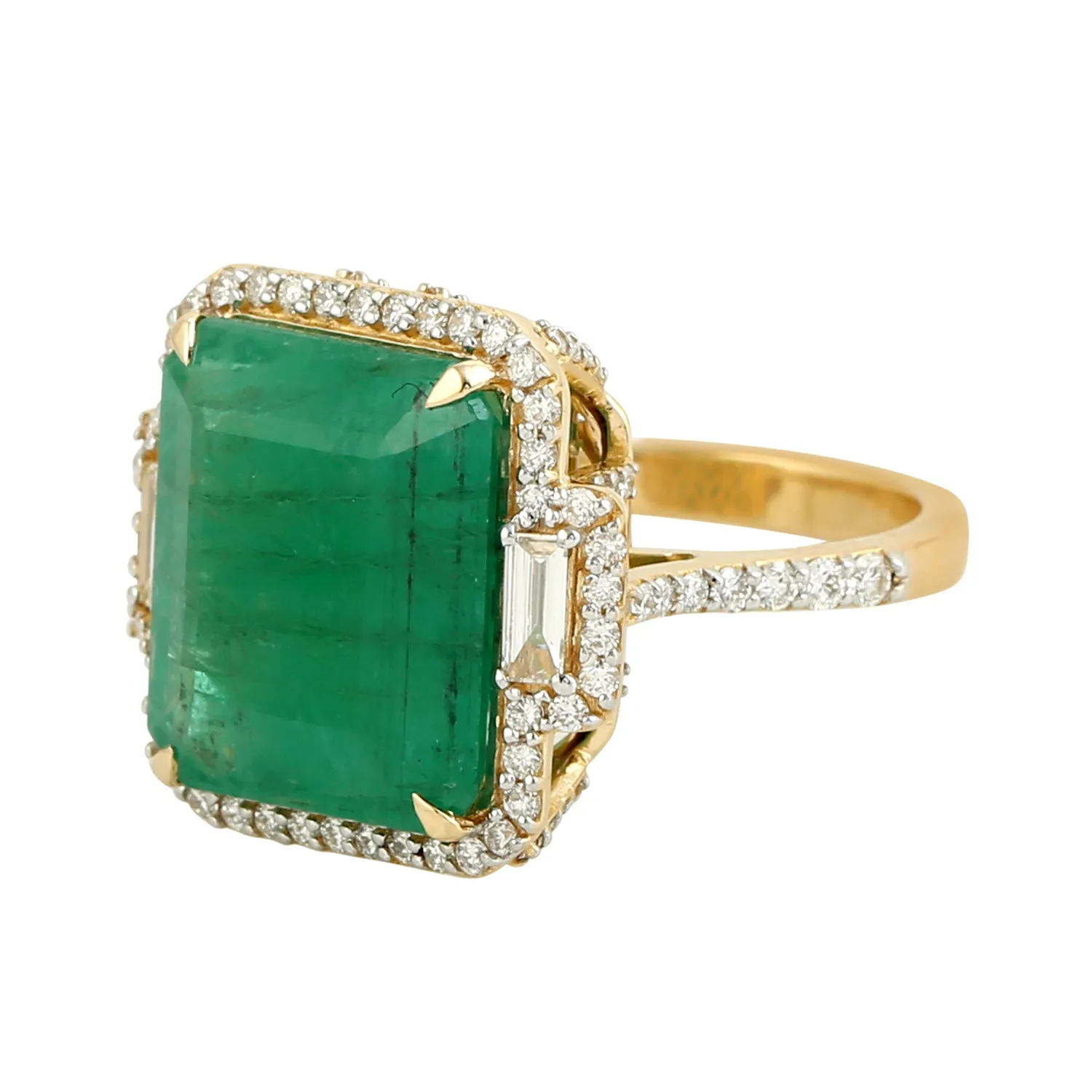 Micro Pave Diamond Prong Set Emerald Solid Gold Cocktail Anniversary Gift Ring For Her
