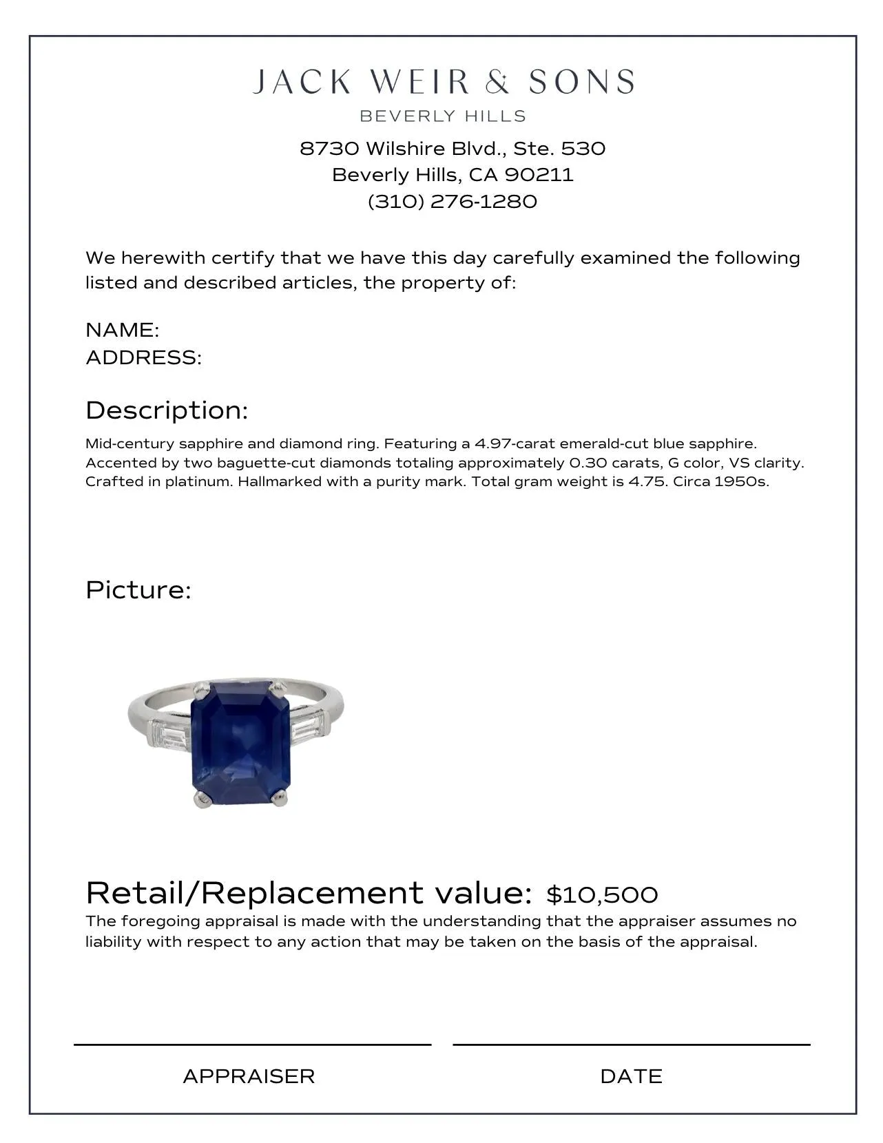 Mid Century 4.97 carat sapphire diamond platinum ring