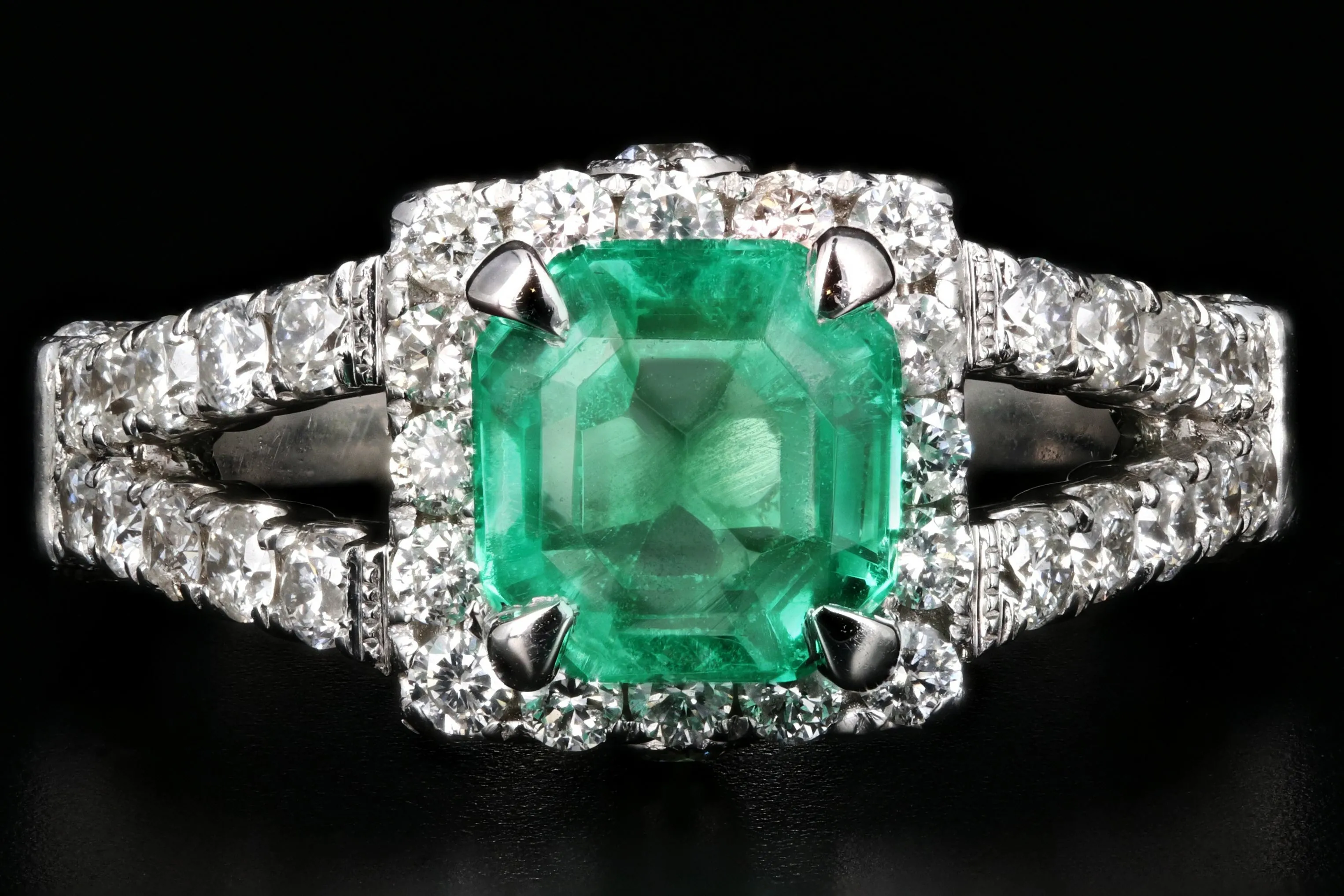 Modern 14K White Gold 1.81CT Colombian Emerald and Diamond Ring GIA Certified