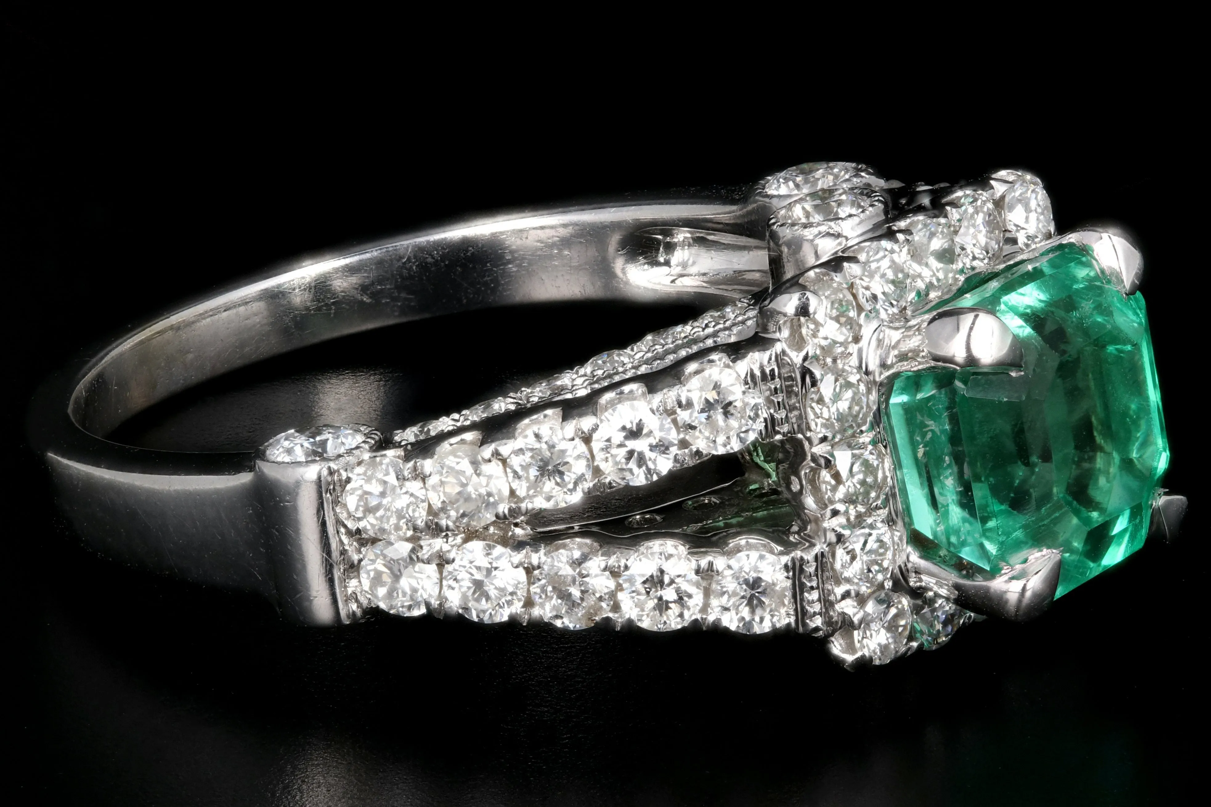 Modern 14K White Gold 1.81CT Colombian Emerald and Diamond Ring GIA Certified