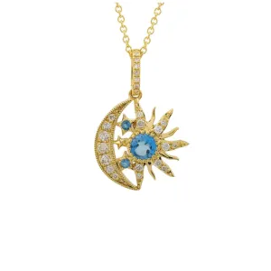 Moon and Star Necklace with Diamonds and London Blue Topaz