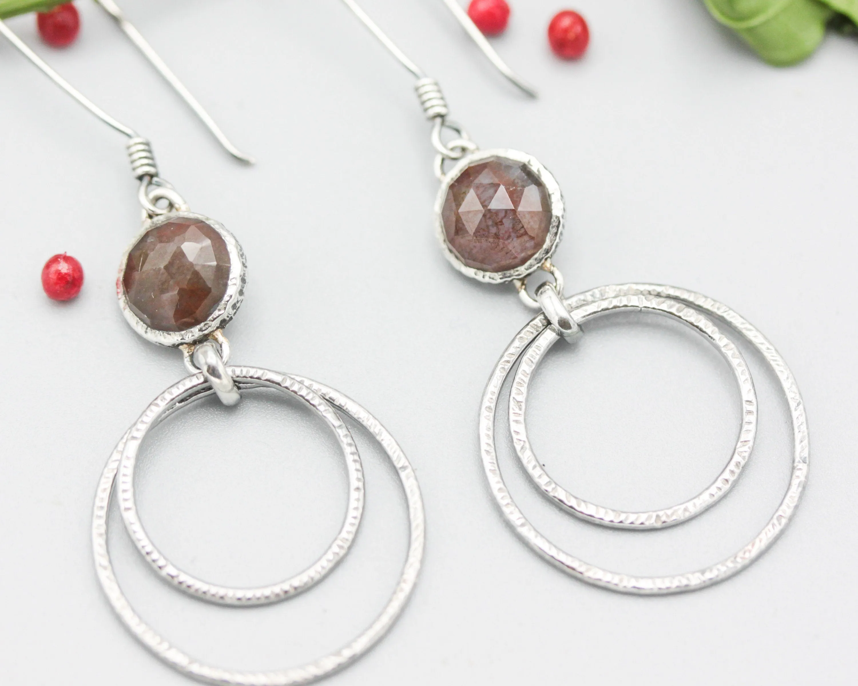 Moss agate earrings with silver double circle loop on oxidized sterling silver hooks