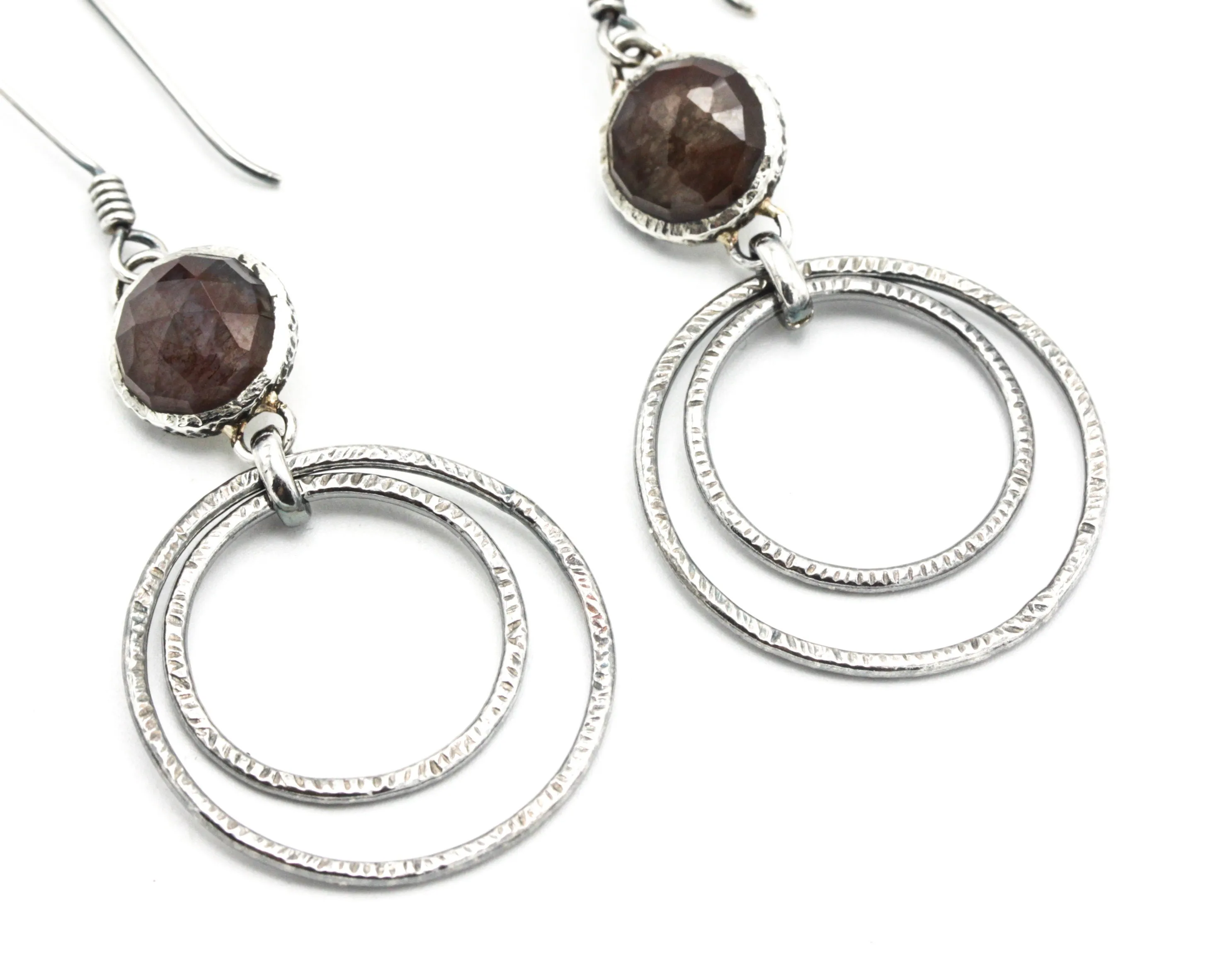 Moss agate earrings with silver double circle loop on oxidized sterling silver hooks