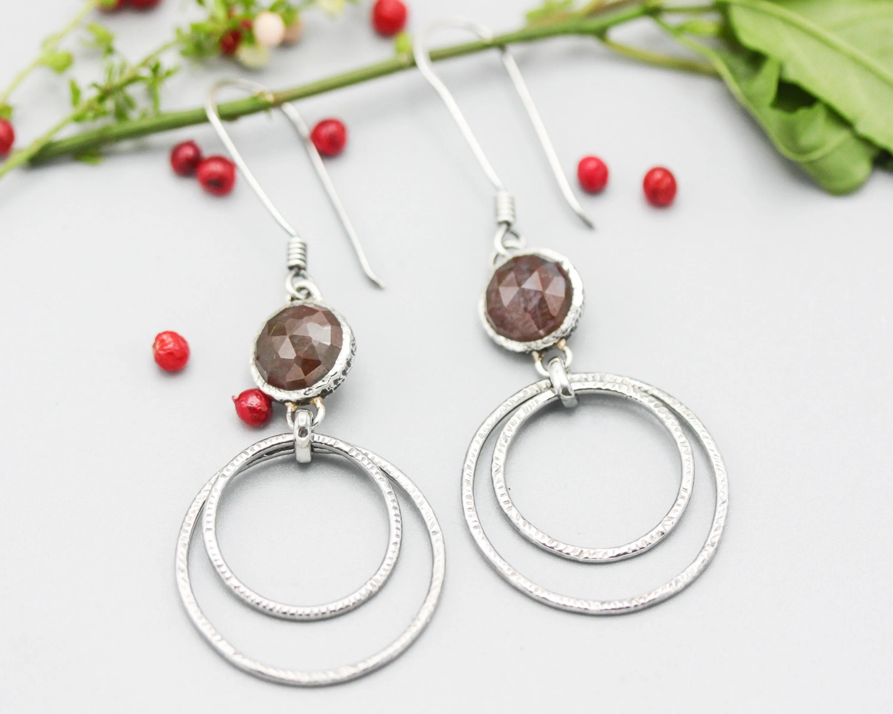 Moss agate earrings with silver double circle loop on oxidized sterling silver hooks
