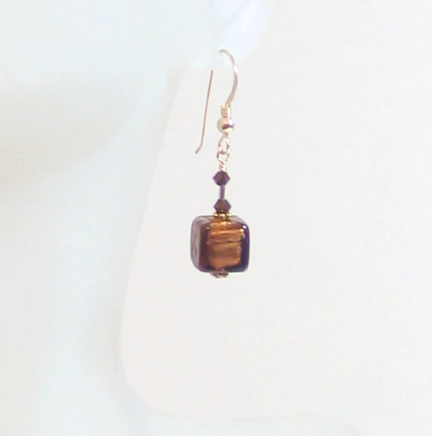 Murano Glass Brown Cube Gold Earrings, Fishhook Earrings