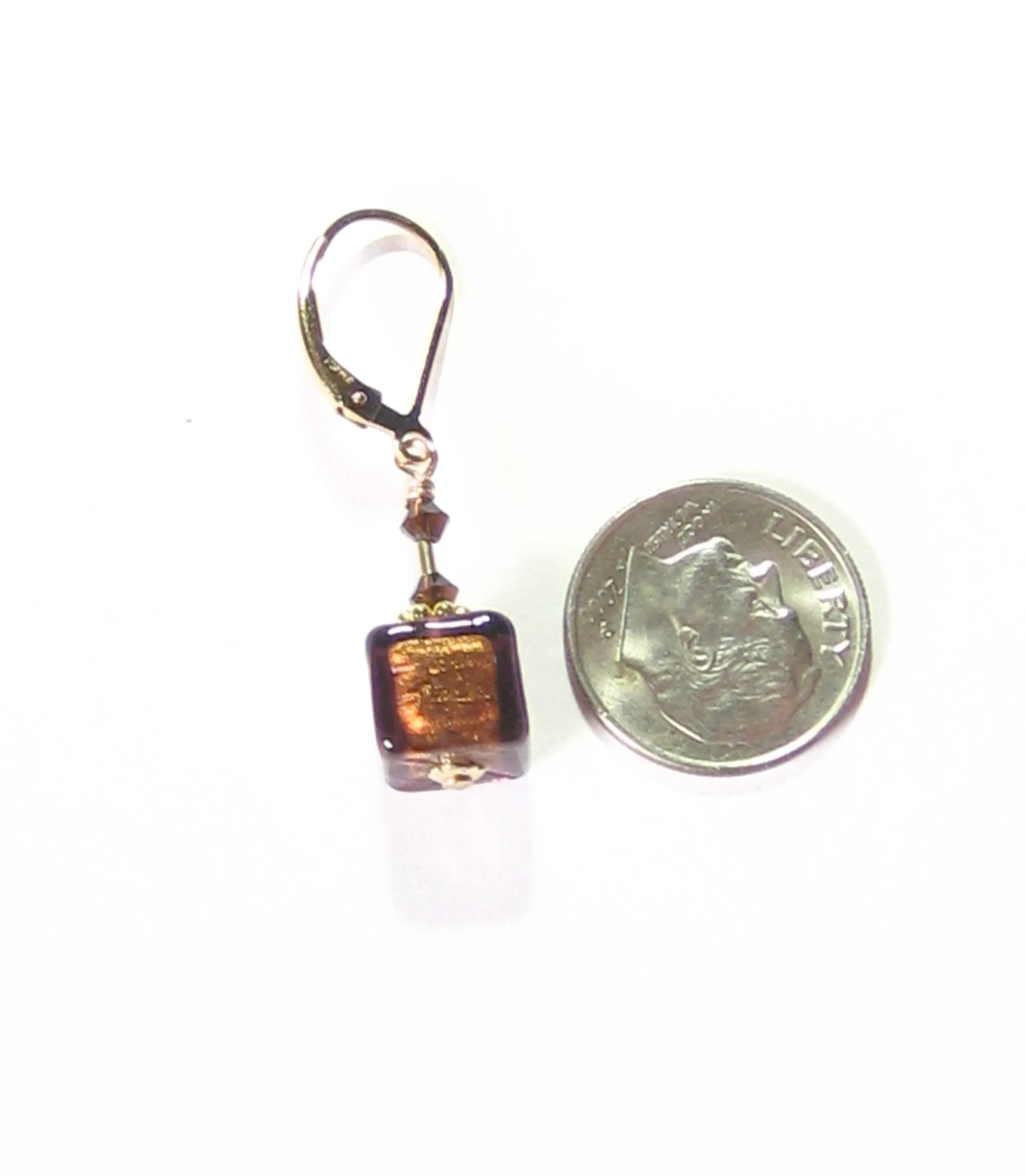 Murano Glass Brown Cube Gold Earrings, Fishhook Earrings