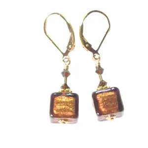 Murano Glass Brown Cube Gold Earrings, Fishhook Earrings