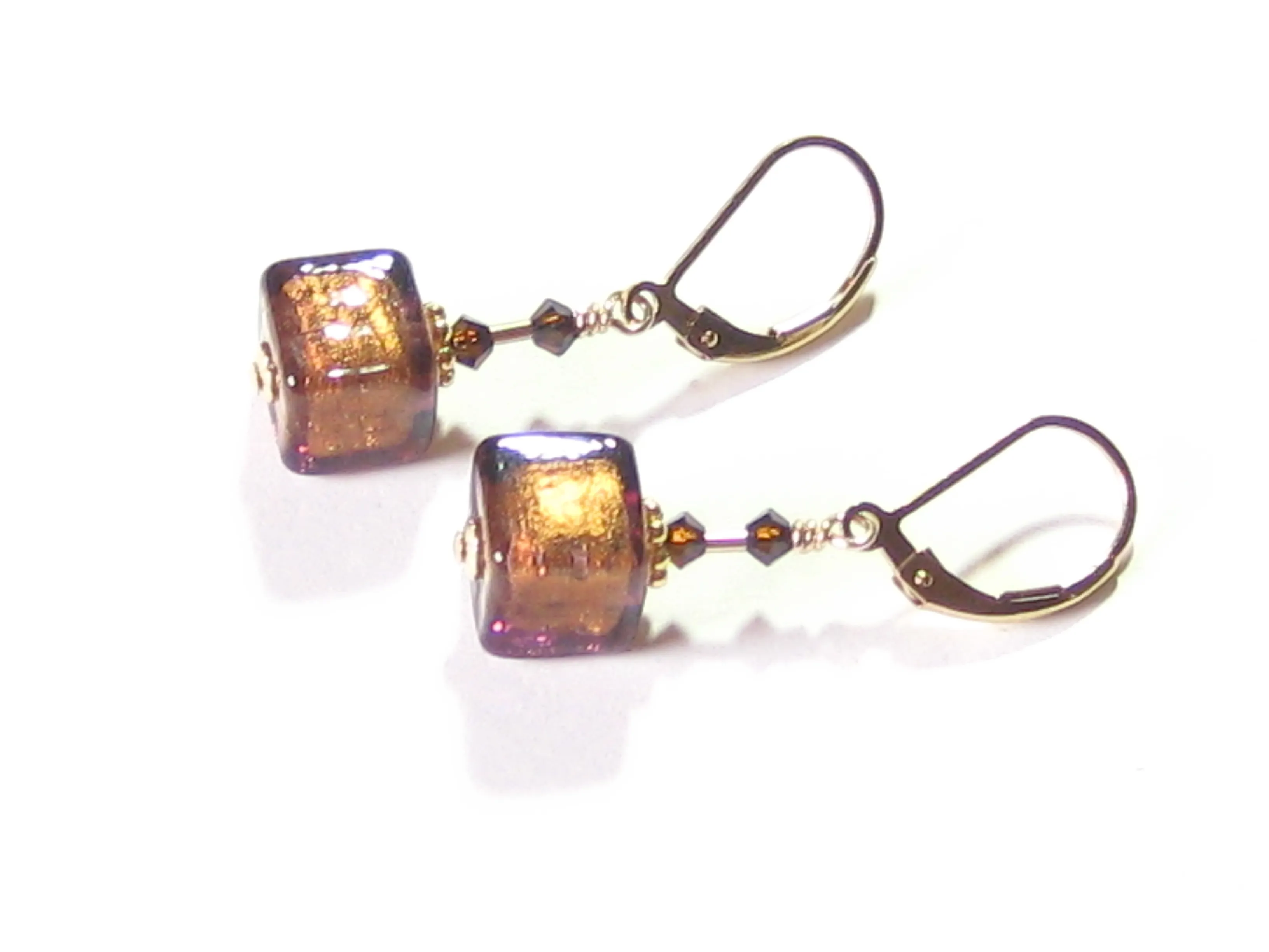 Murano Glass Brown Cube Gold Earrings, Fishhook Earrings