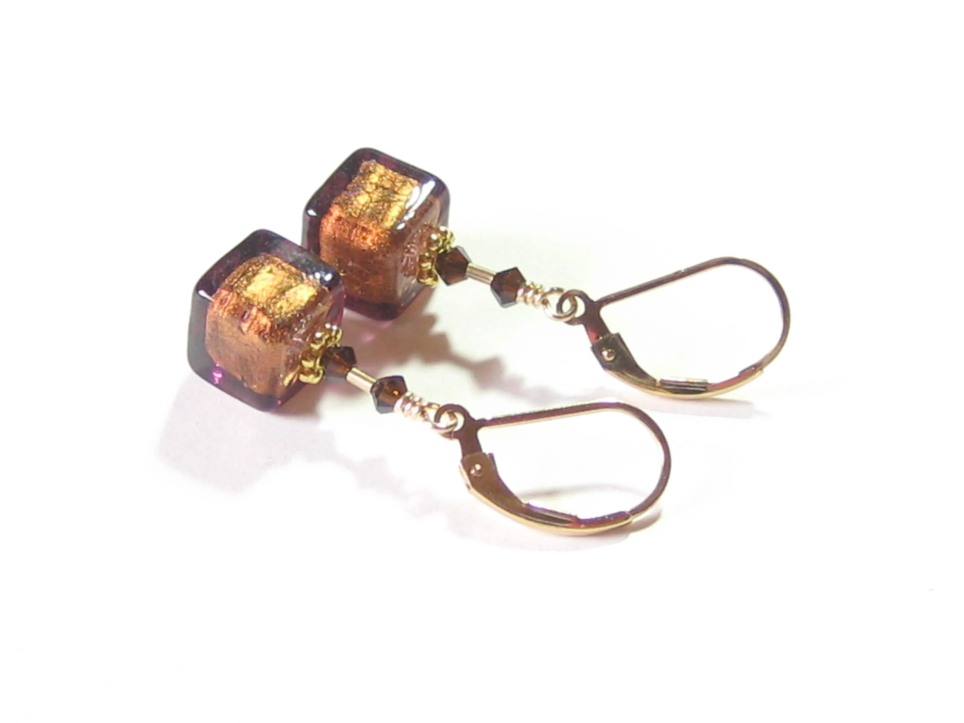 Murano Glass Brown Cube Gold Earrings, Fishhook Earrings
