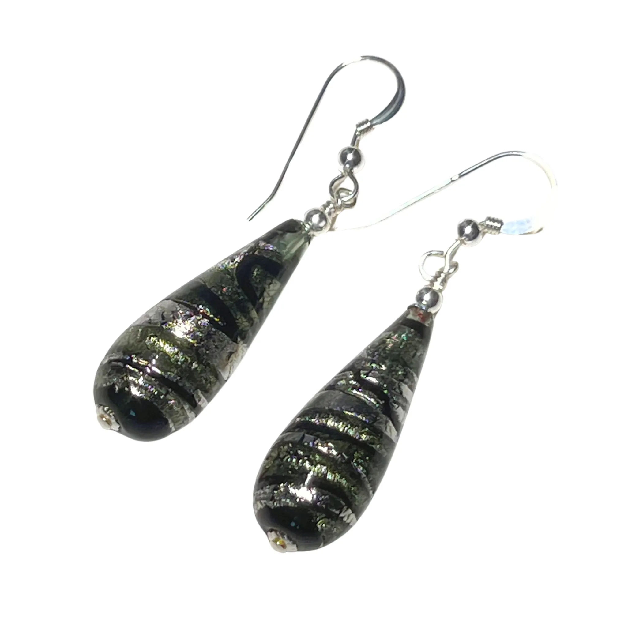 Murano Glass Gray Swirl Teardrop Long Silver Earrings