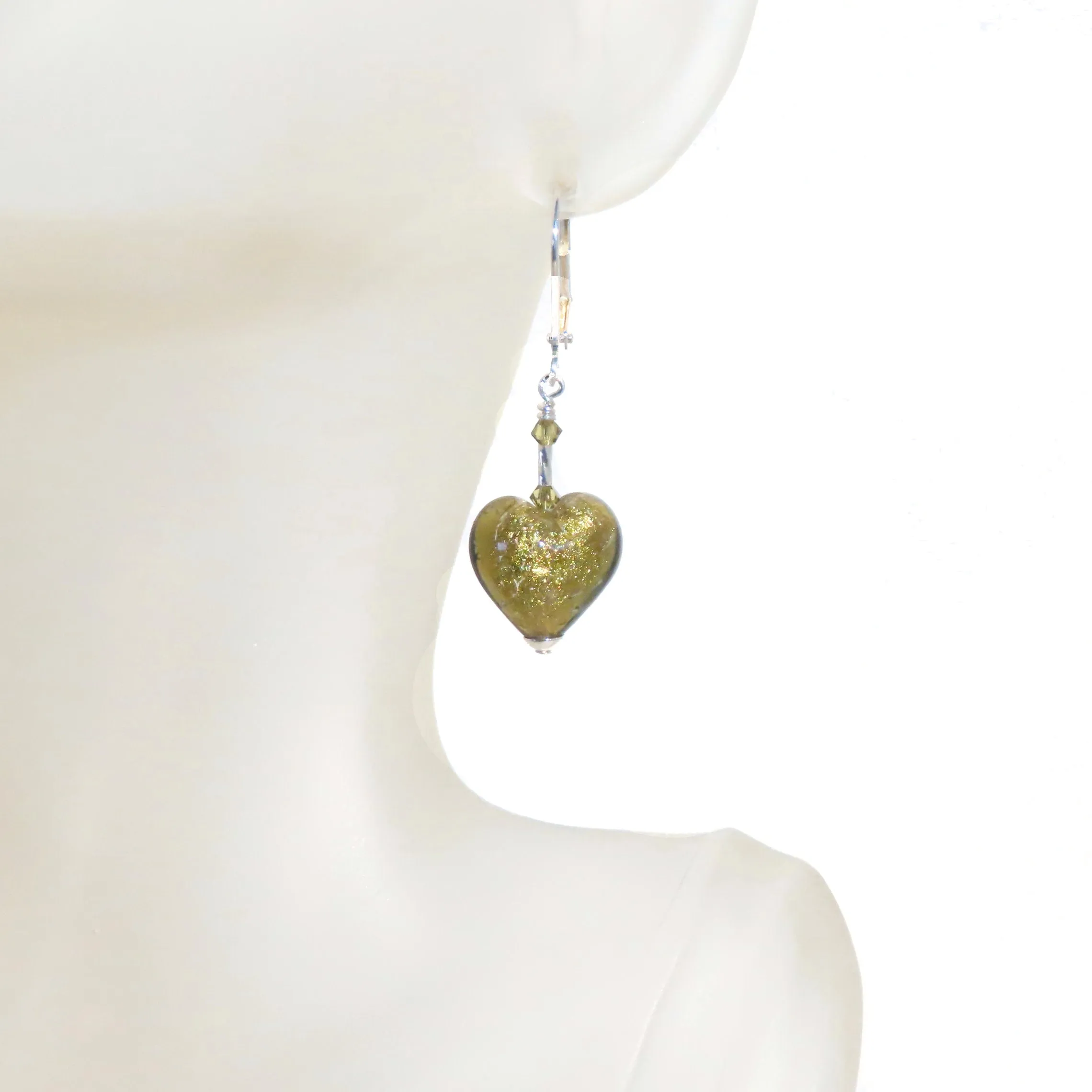 Murano Glass Olive Green Heart Silver Earrings, Venetian Jewelry