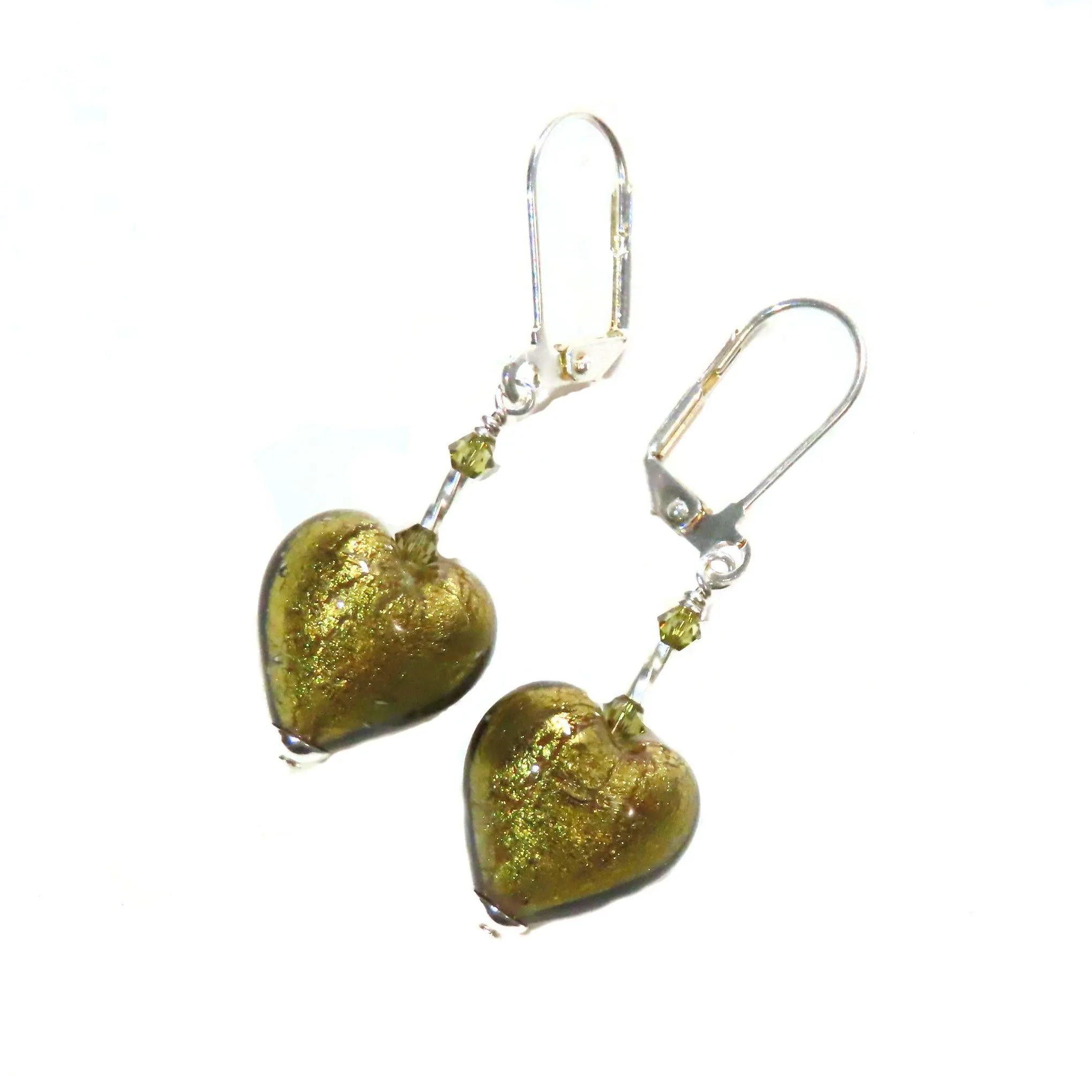 Murano Glass Olive Green Heart Silver Earrings, Venetian Jewelry