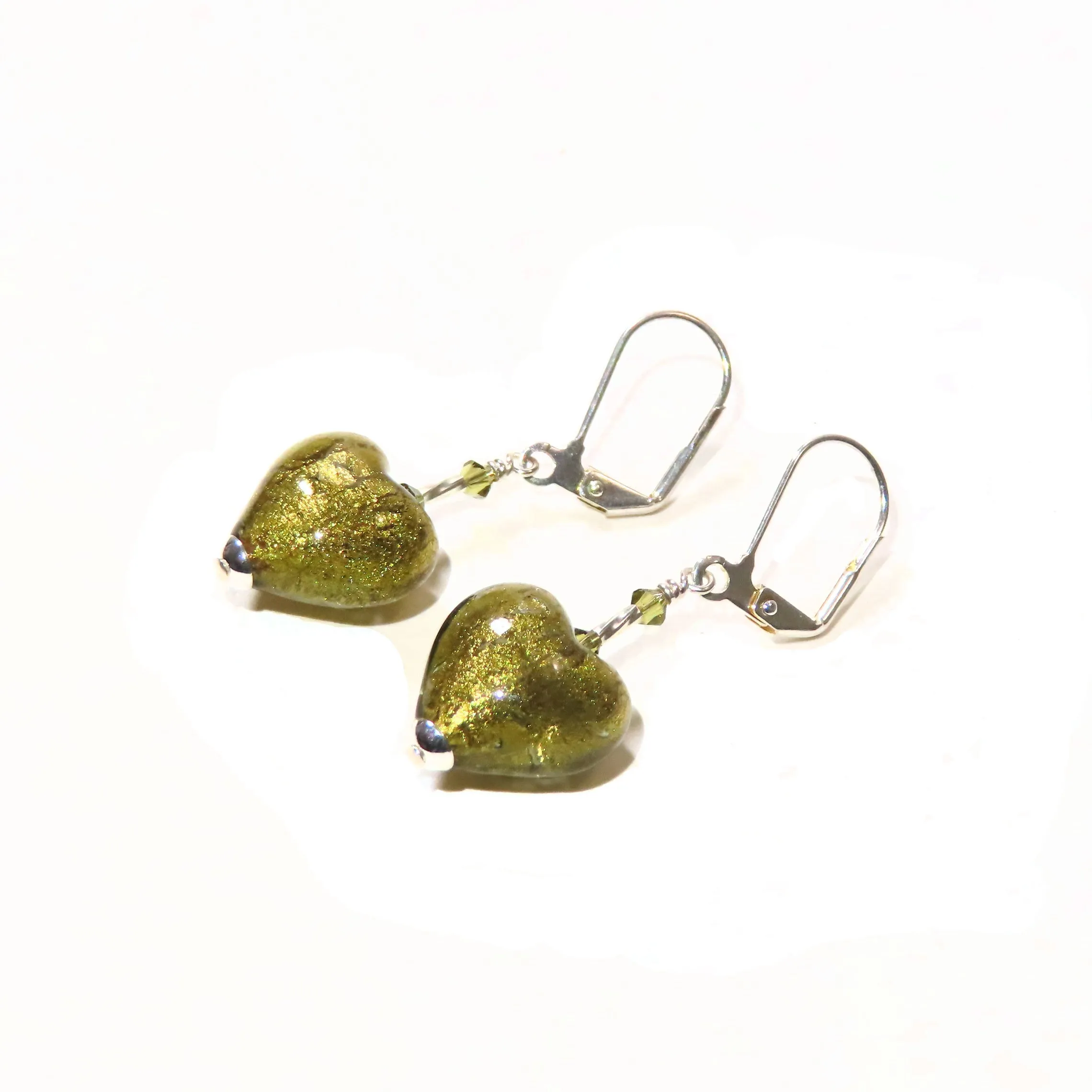 Murano Glass Olive Green Heart Silver Earrings, Venetian Jewelry