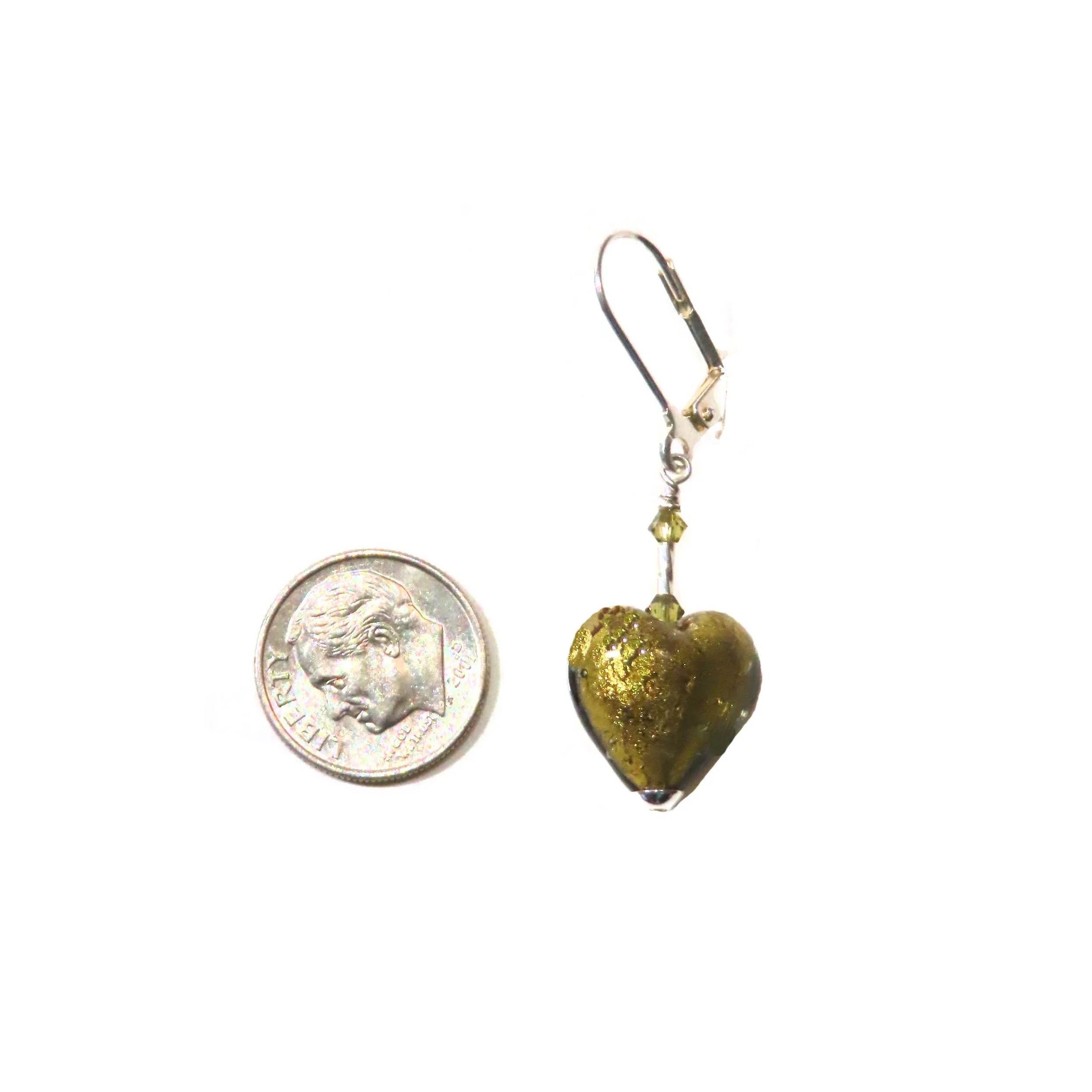 Murano Glass Olive Green Heart Silver Earrings, Venetian Jewelry