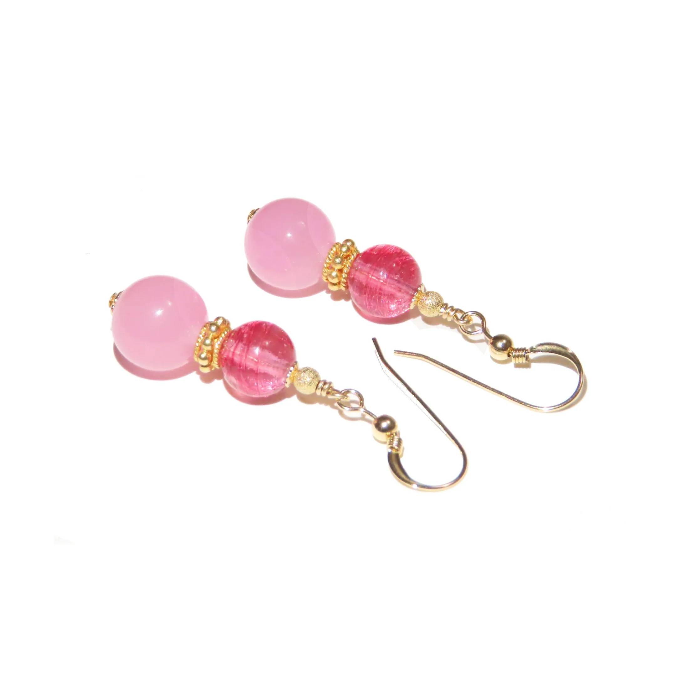 Murano Glass Pink Double Ball Gold Earrings