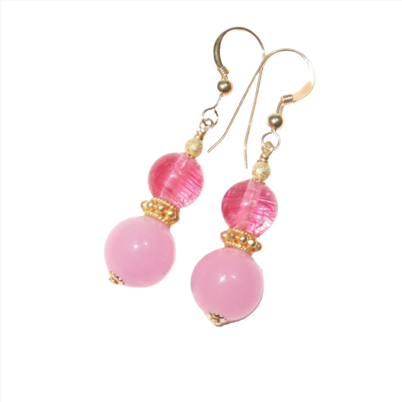Murano Glass Pink Double Ball Gold Earrings