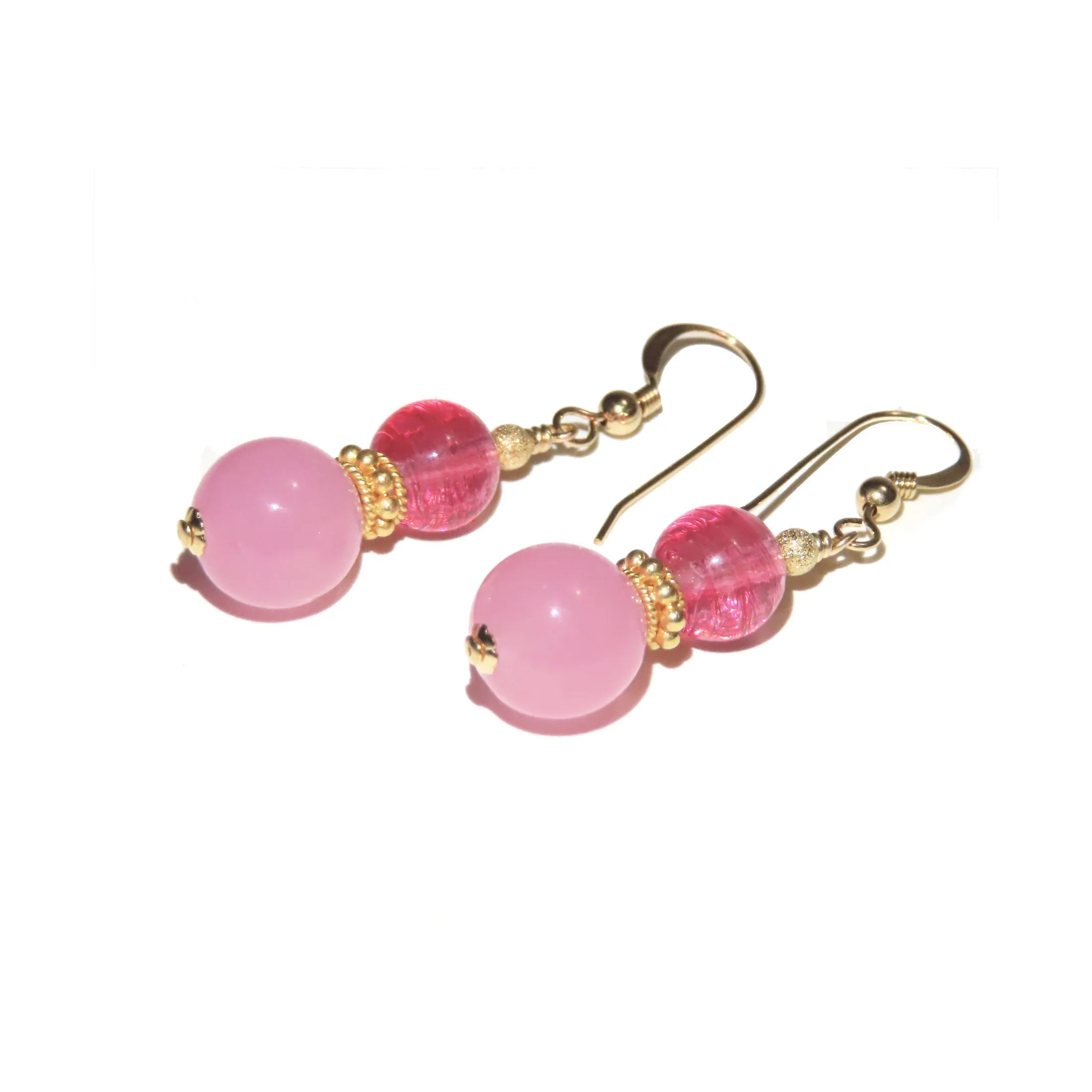 Murano Glass Pink Double Ball Gold Earrings