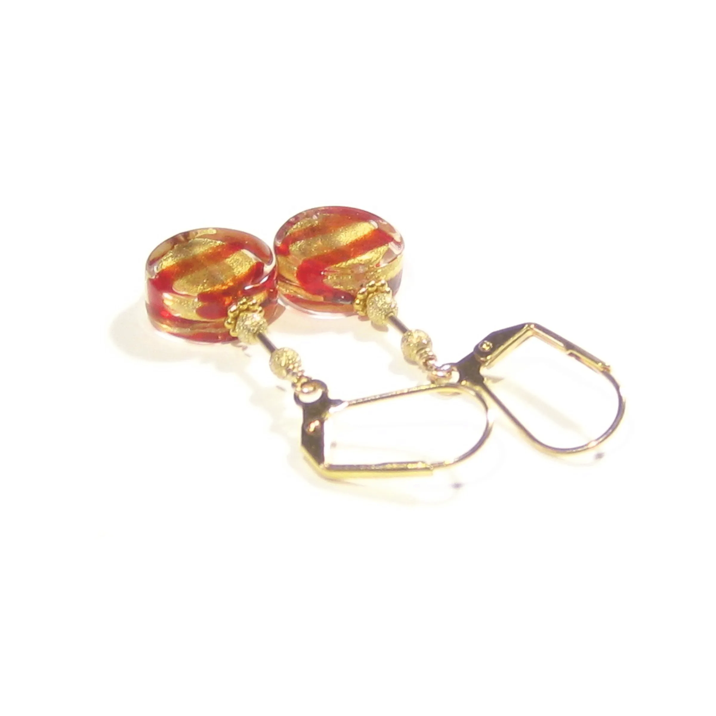 Murano Glass Red Striped Coin Gold Earrings by JKC Murano