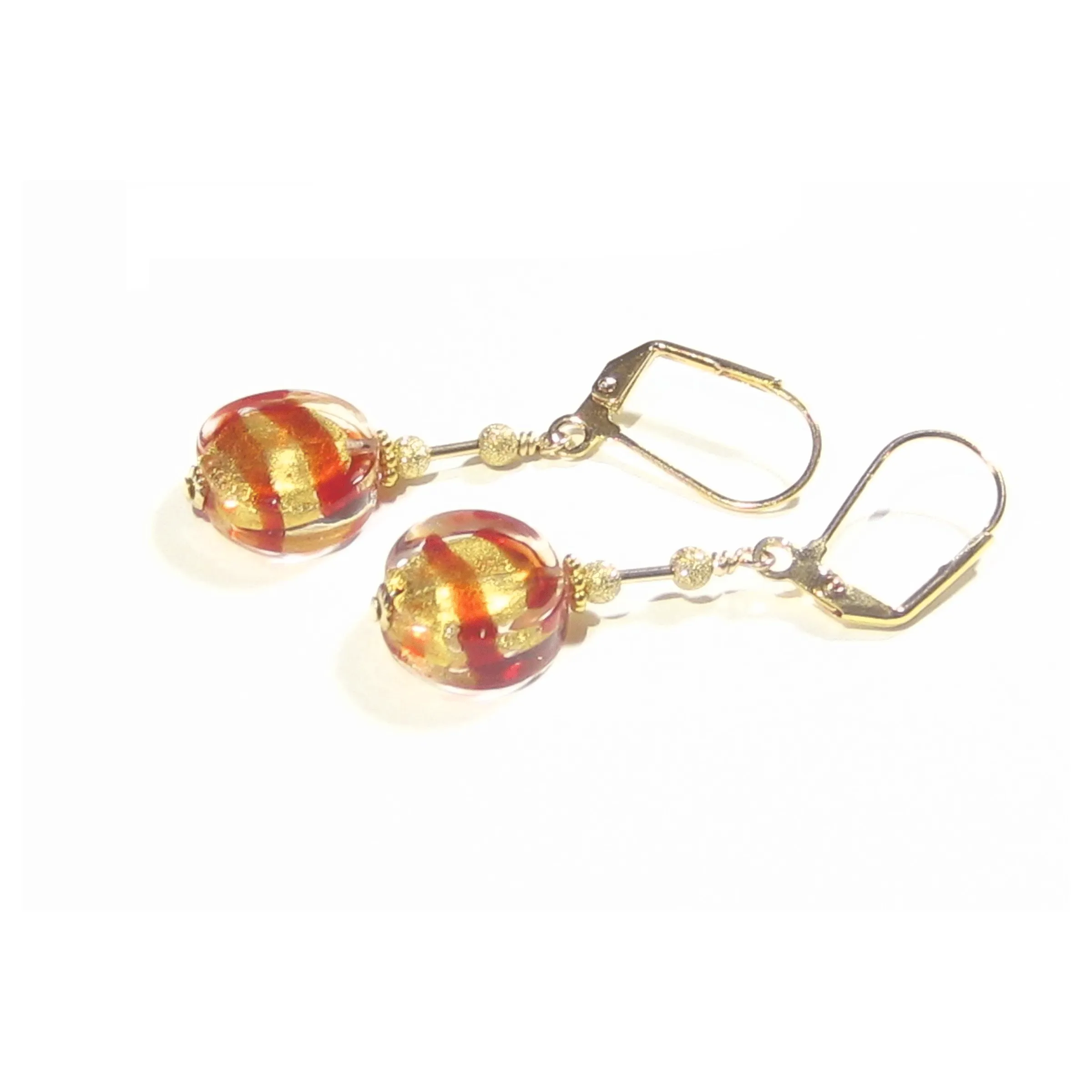 Murano Glass Red Striped Coin Gold Earrings by JKC Murano