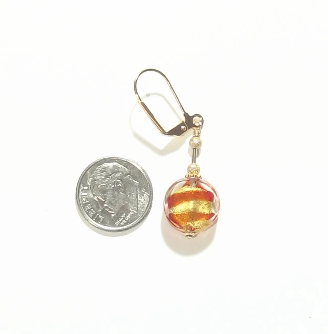 Murano Glass Red Striped Coin Gold Earrings by JKC Murano