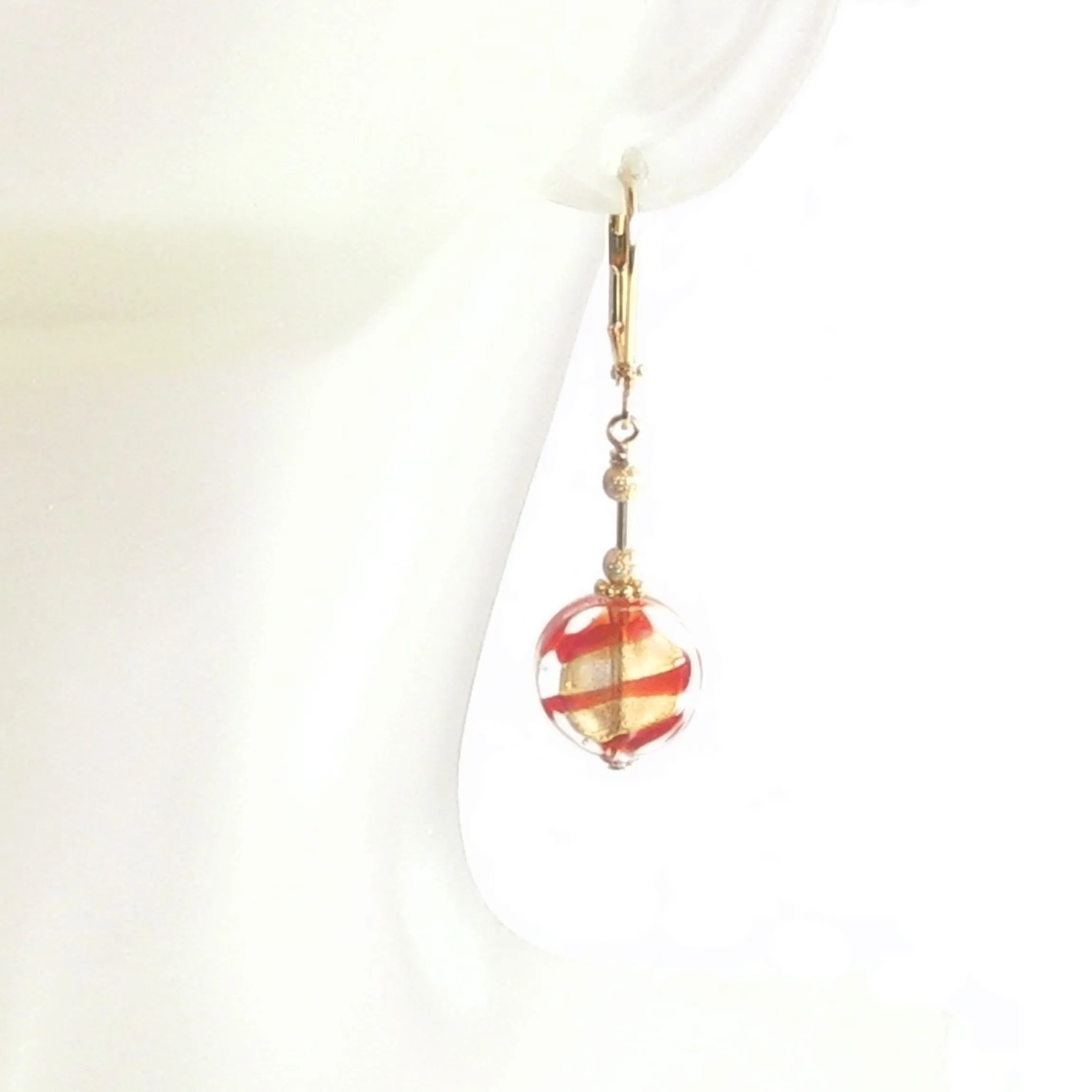 Murano Glass Red Striped Coin Gold Earrings by JKC Murano