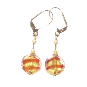 Murano Glass Red Striped Coin Gold Earrings by JKC Murano