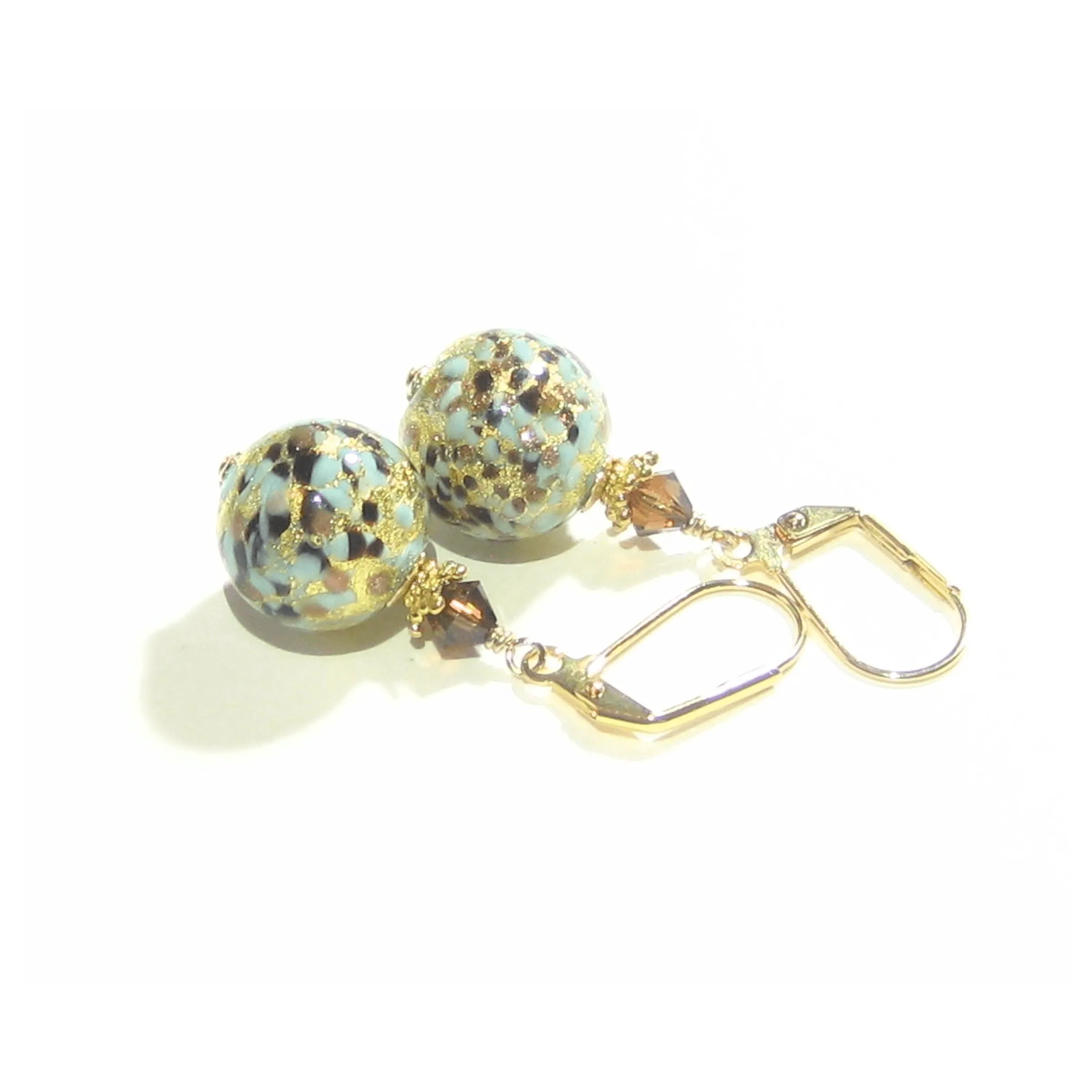Murano Glass Turquoise Leopard Ball Gold Earrings