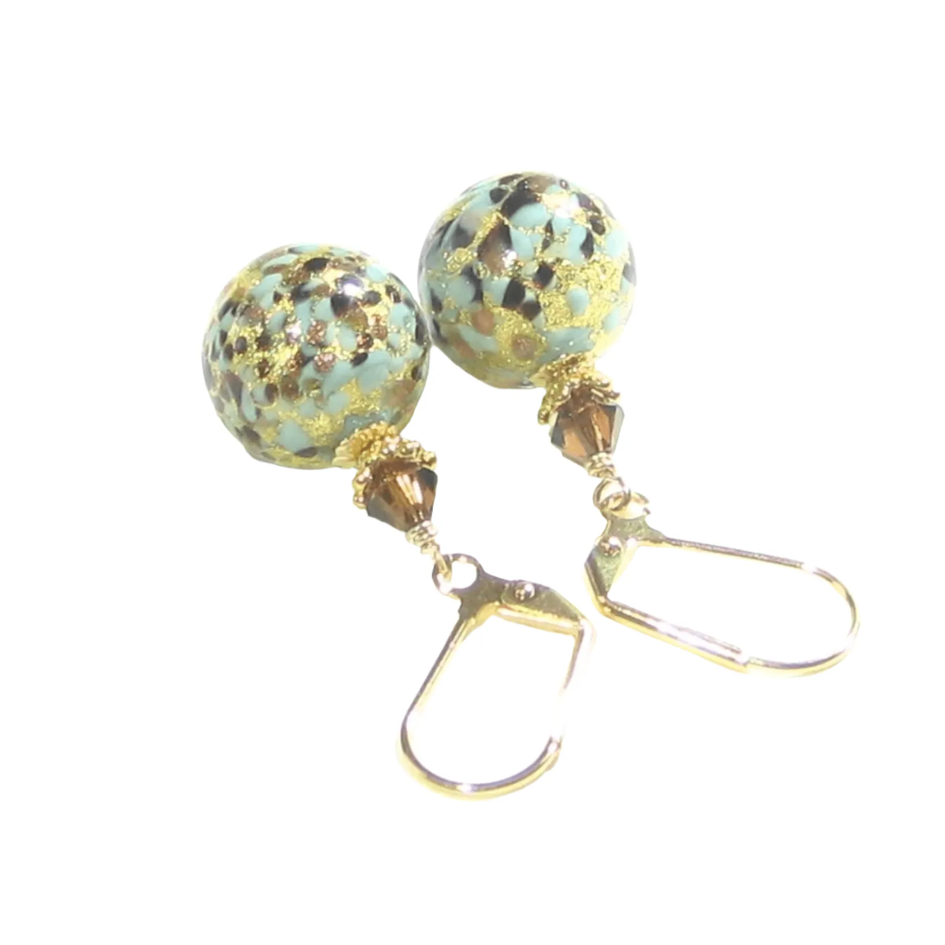 Murano Glass Turquoise Leopard Ball Gold Earrings
