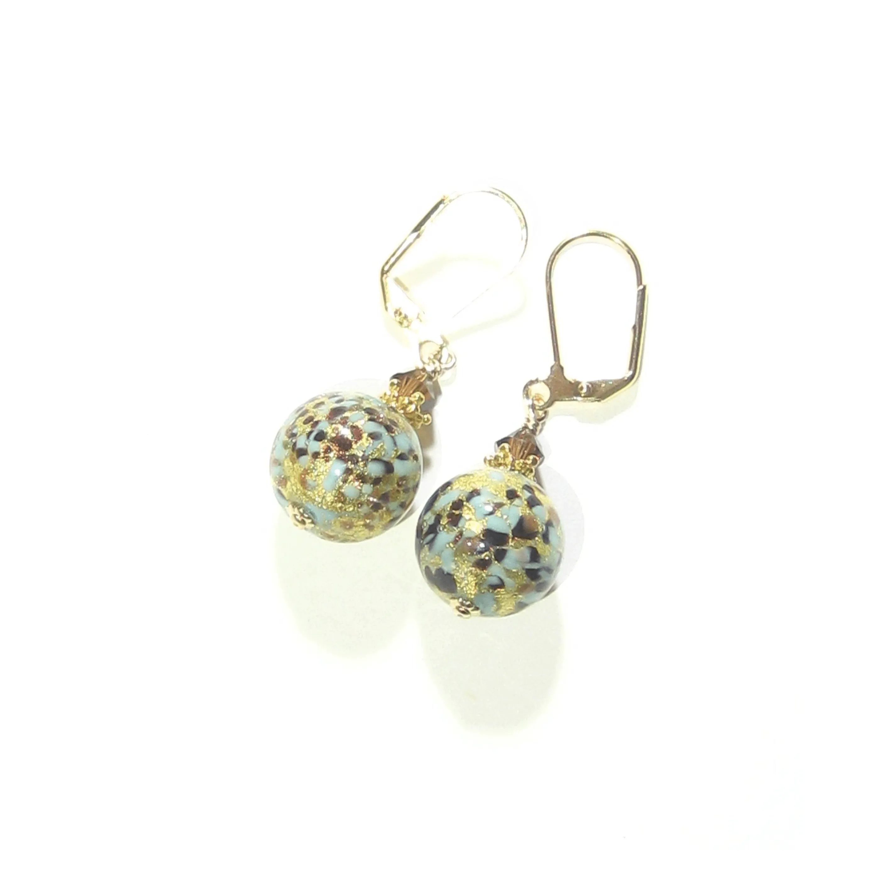 Murano Glass Turquoise Leopard Ball Gold Earrings
