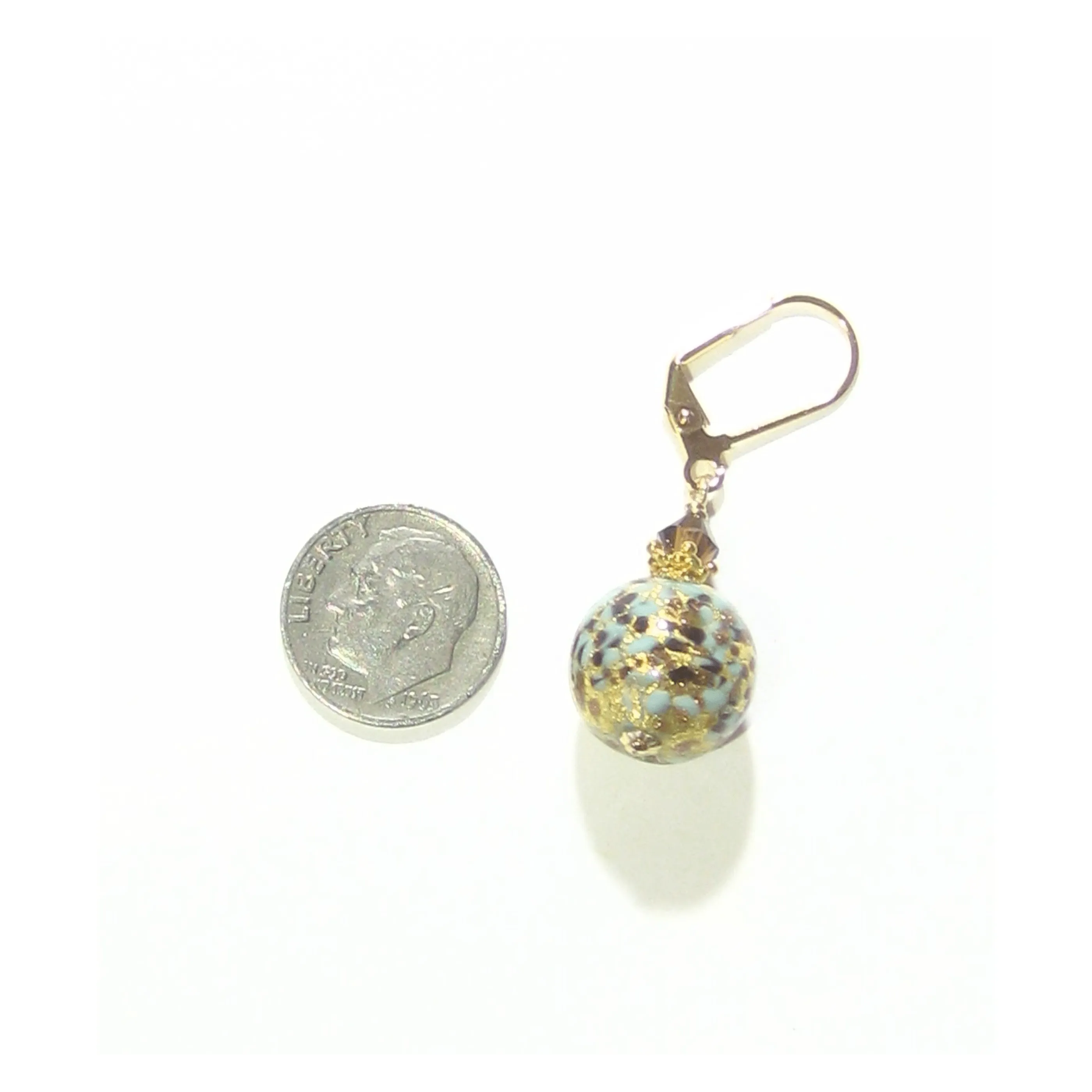 Murano Glass Turquoise Leopard Ball Gold Earrings