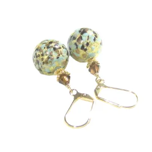 Murano Glass Turquoise Leopard Ball Gold Earrings