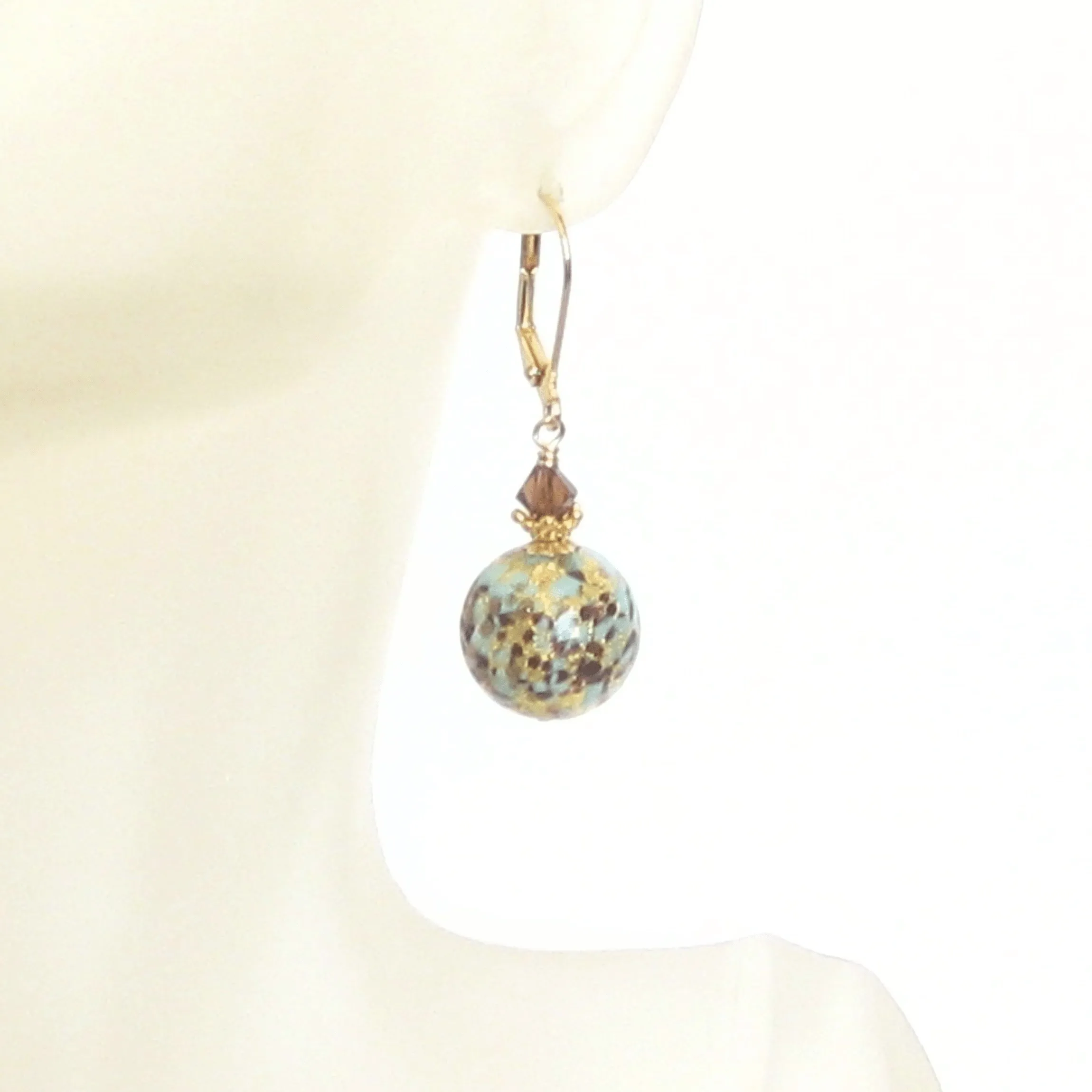 Murano Glass Turquoise Leopard Ball Gold Earrings