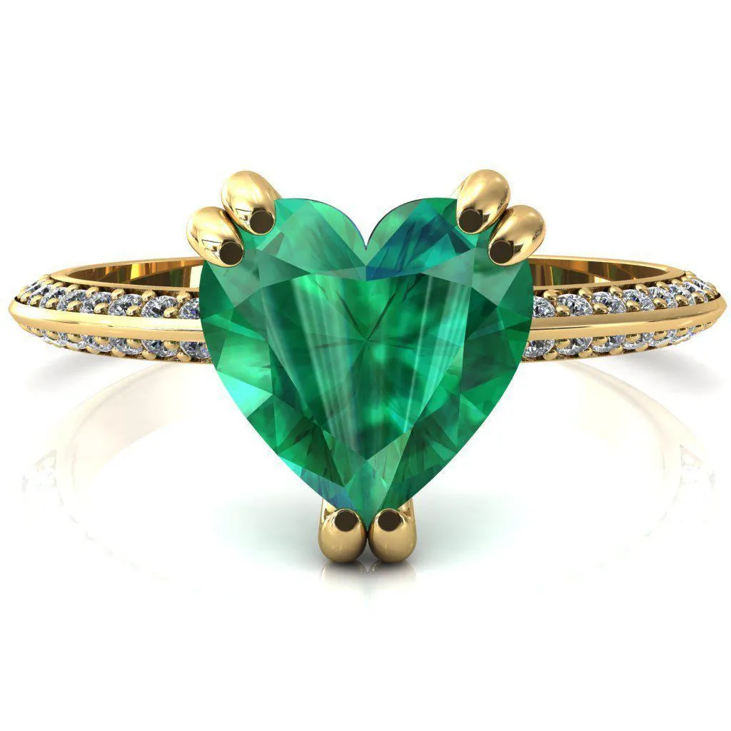 Nancy Heart Emerald 3 Double Prong 1/2 Eternity Diamond Knife Shank Accent Engagement Ring