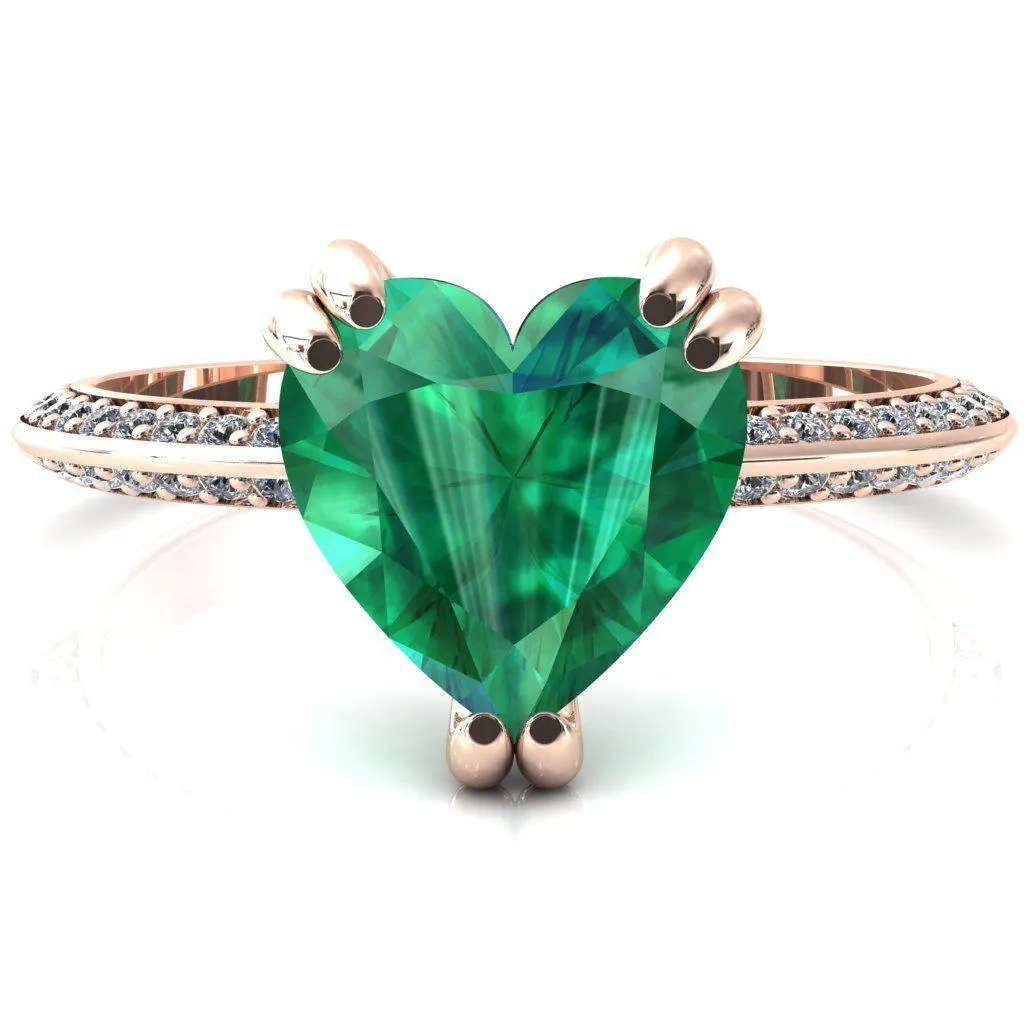 Nancy Heart Emerald 3 Double Prong 1/2 Eternity Diamond Knife Shank Accent Engagement Ring