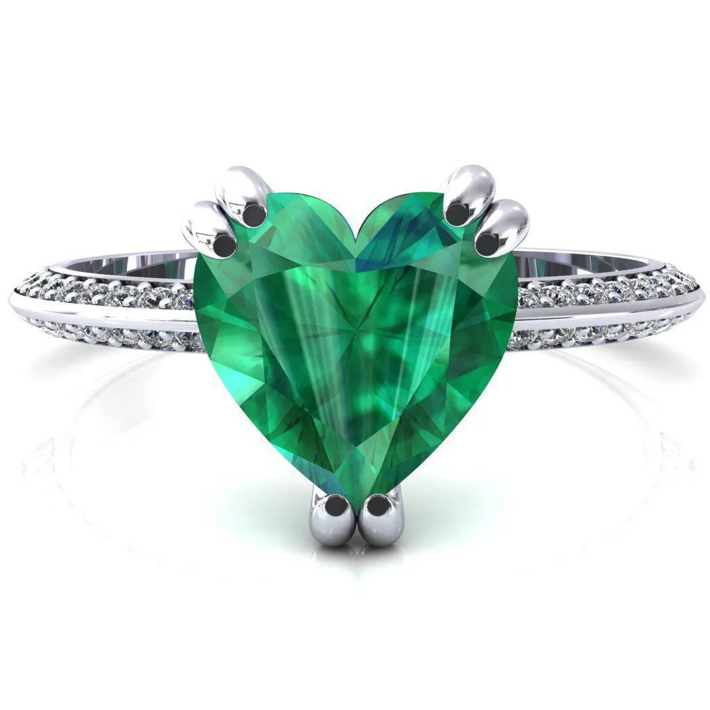 Nancy Heart Emerald 3 Double Prong 1/2 Eternity Diamond Knife Shank Accent Engagement Ring