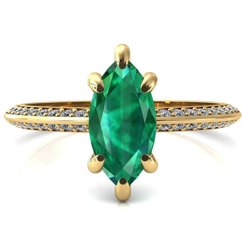 Nancy Marquise Emerald 6 Prong 1/2 Eternity Diamond Knife Shank Accent Engagement Ring