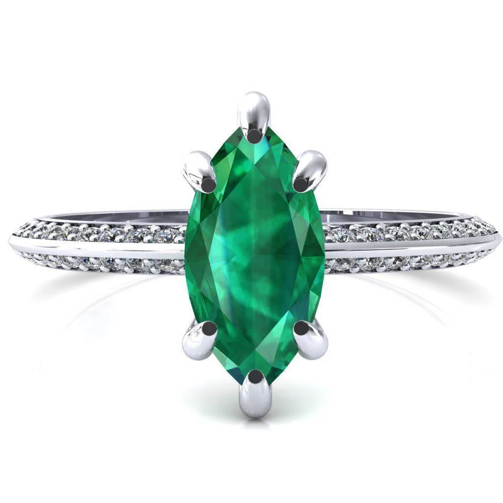 Nancy Marquise Emerald 6 Prong 1/2 Eternity Diamond Knife Shank Accent Engagement Ring