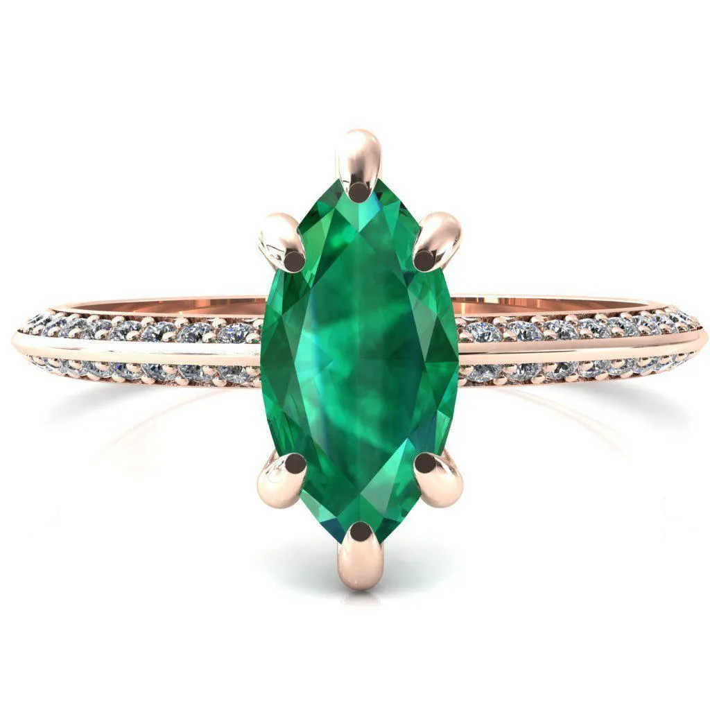 Nancy Marquise Emerald 6 Prong 1/2 Eternity Diamond Knife Shank Accent Engagement Ring