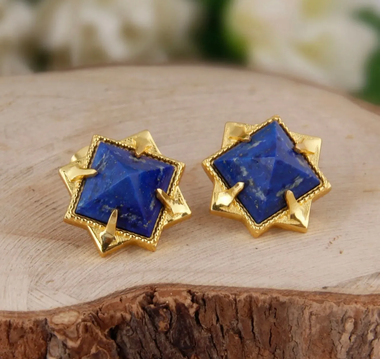 Natural Blue Lapis Lazuli Pyramid Stud Earrings