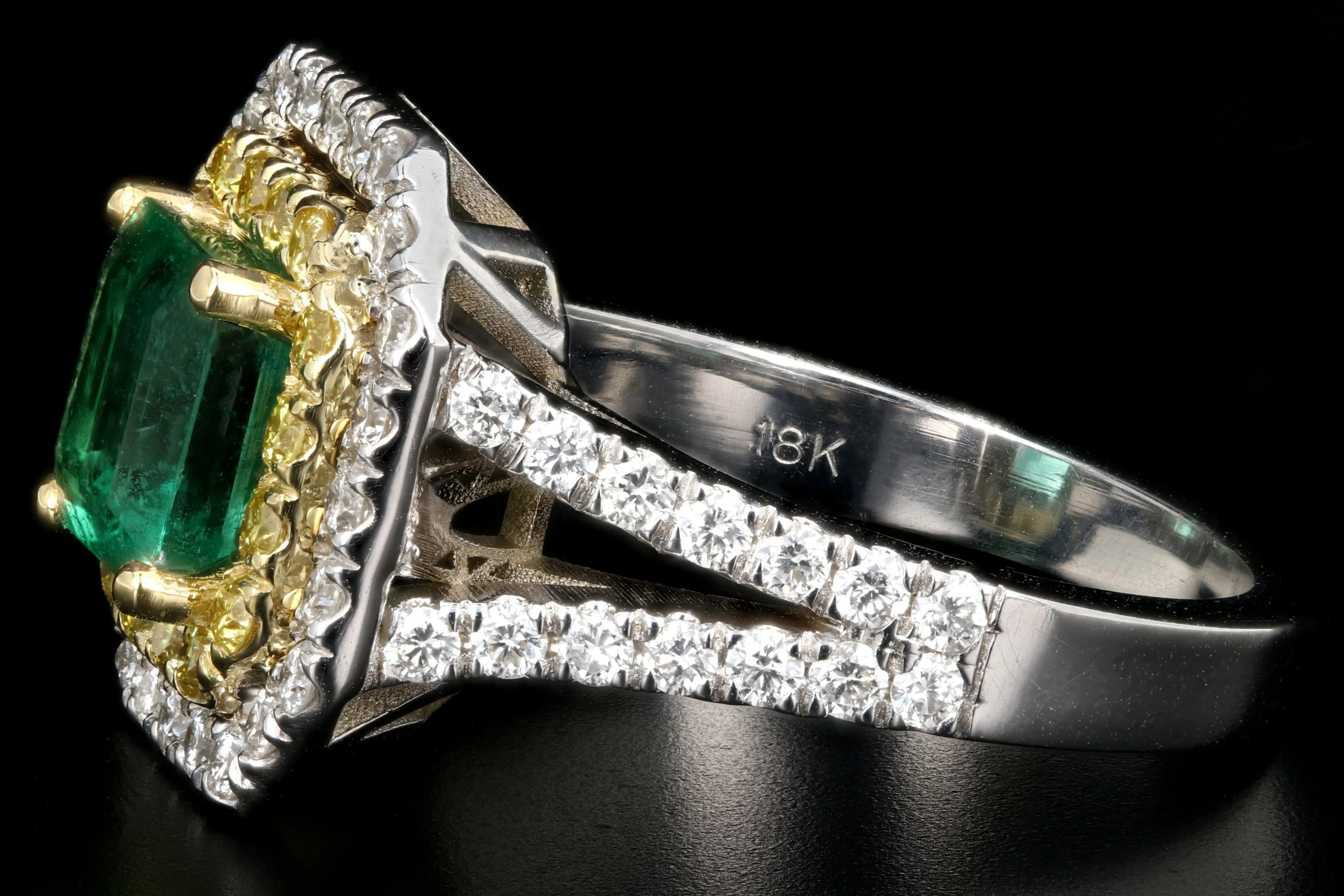 New 18K White Gold 1.7 Carat Zambian Emerald and White & Vivid Yellow Diamond Ring