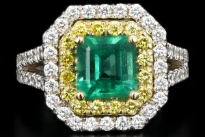 New 18K White Gold 1.7 Carat Zambian Emerald and White & Vivid Yellow Diamond Ring
