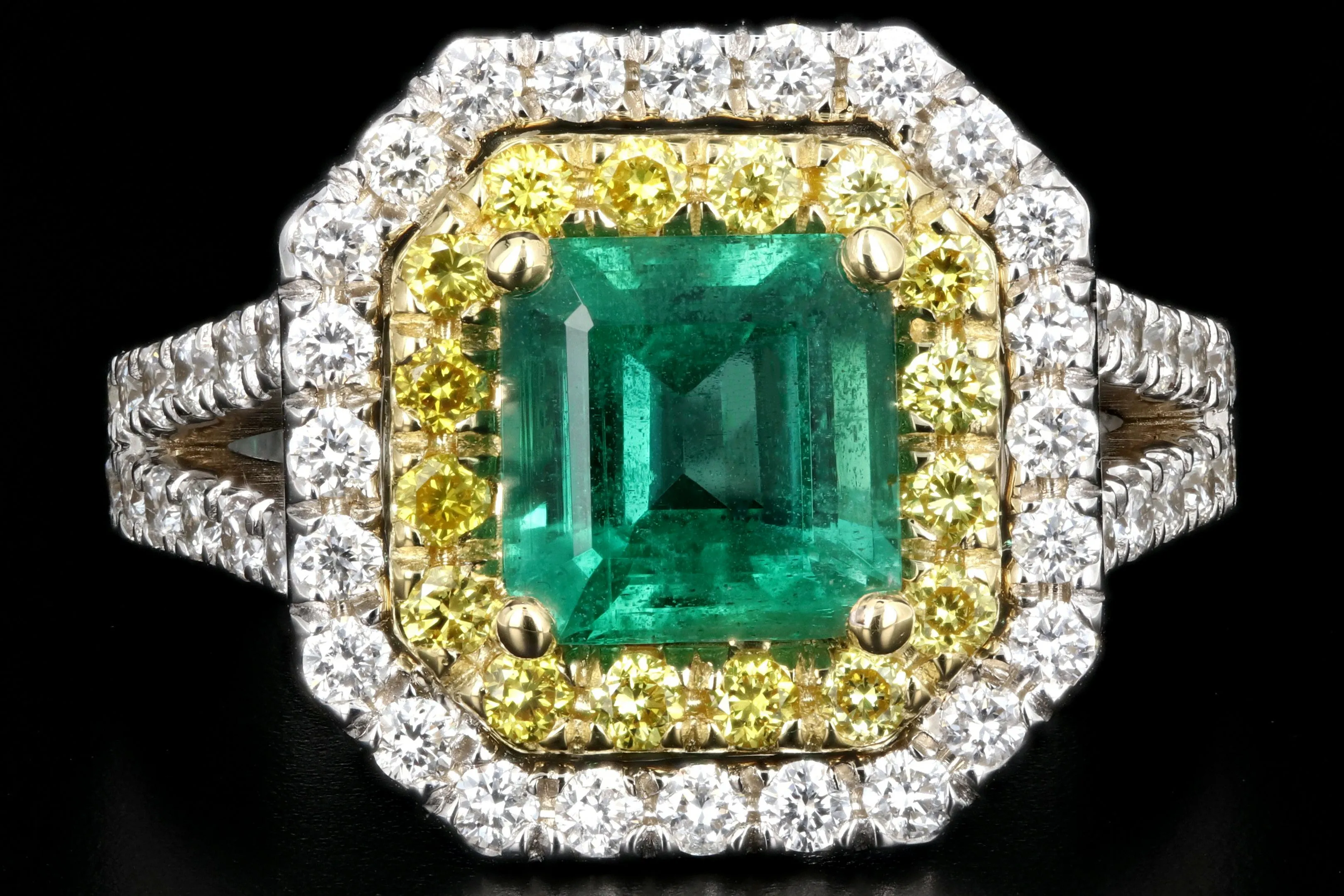 New 18K White Gold 1.7 Carat Zambian Emerald and White & Vivid Yellow Diamond Ring