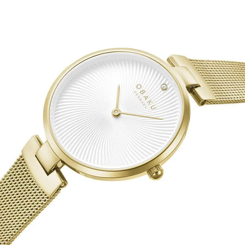 Obaku Diamant-Gold White Dial Gold Mesh Strap Lds V256LXGIMG