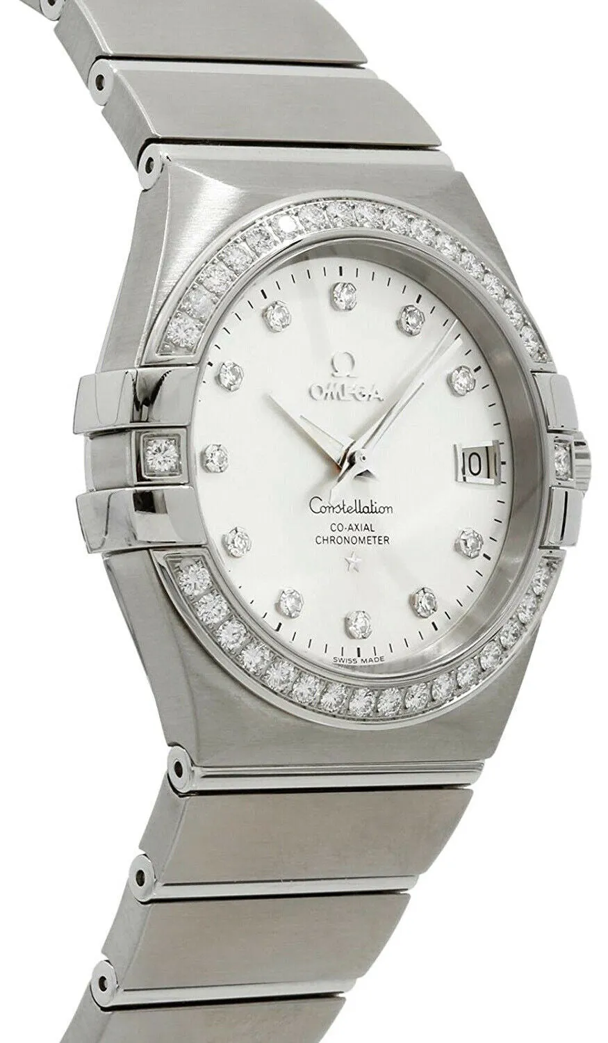 Omega Constellation Steel & Diamond Automatic Womens Watch Silver Dial Date 123.15.35.20.52.001