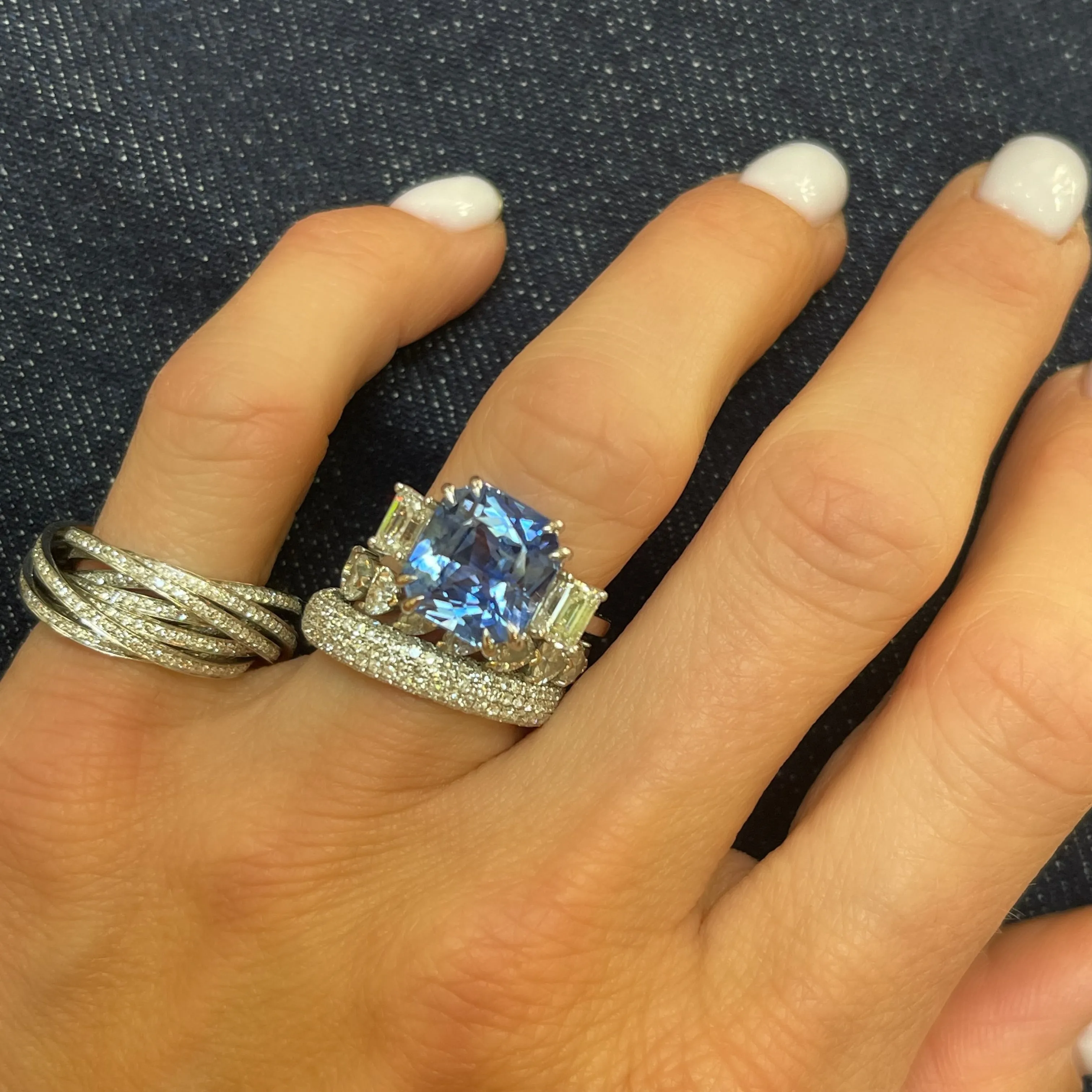 One of A Kind Emerald Cut Sapphire & Diamond Three-Stone Ring
