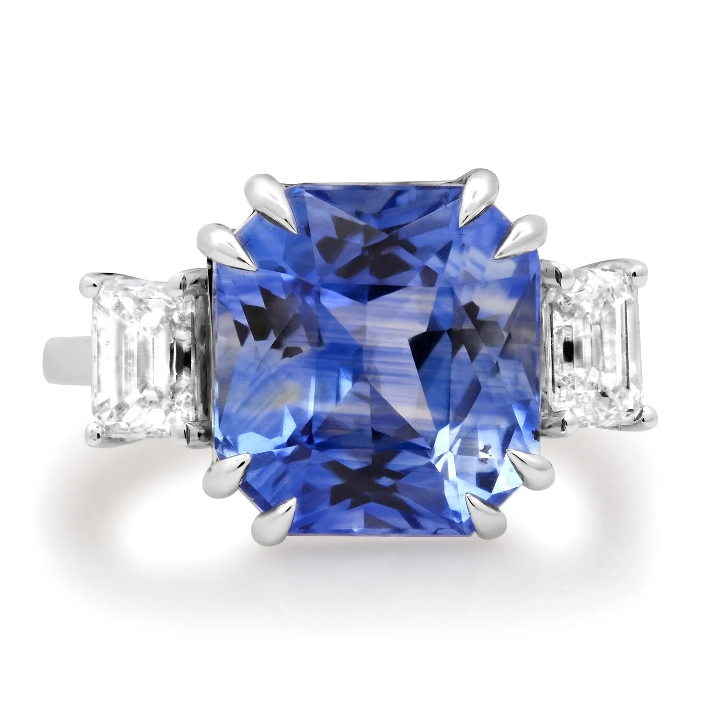 One of A Kind Emerald Cut Sapphire & Diamond Three-Stone Ring
