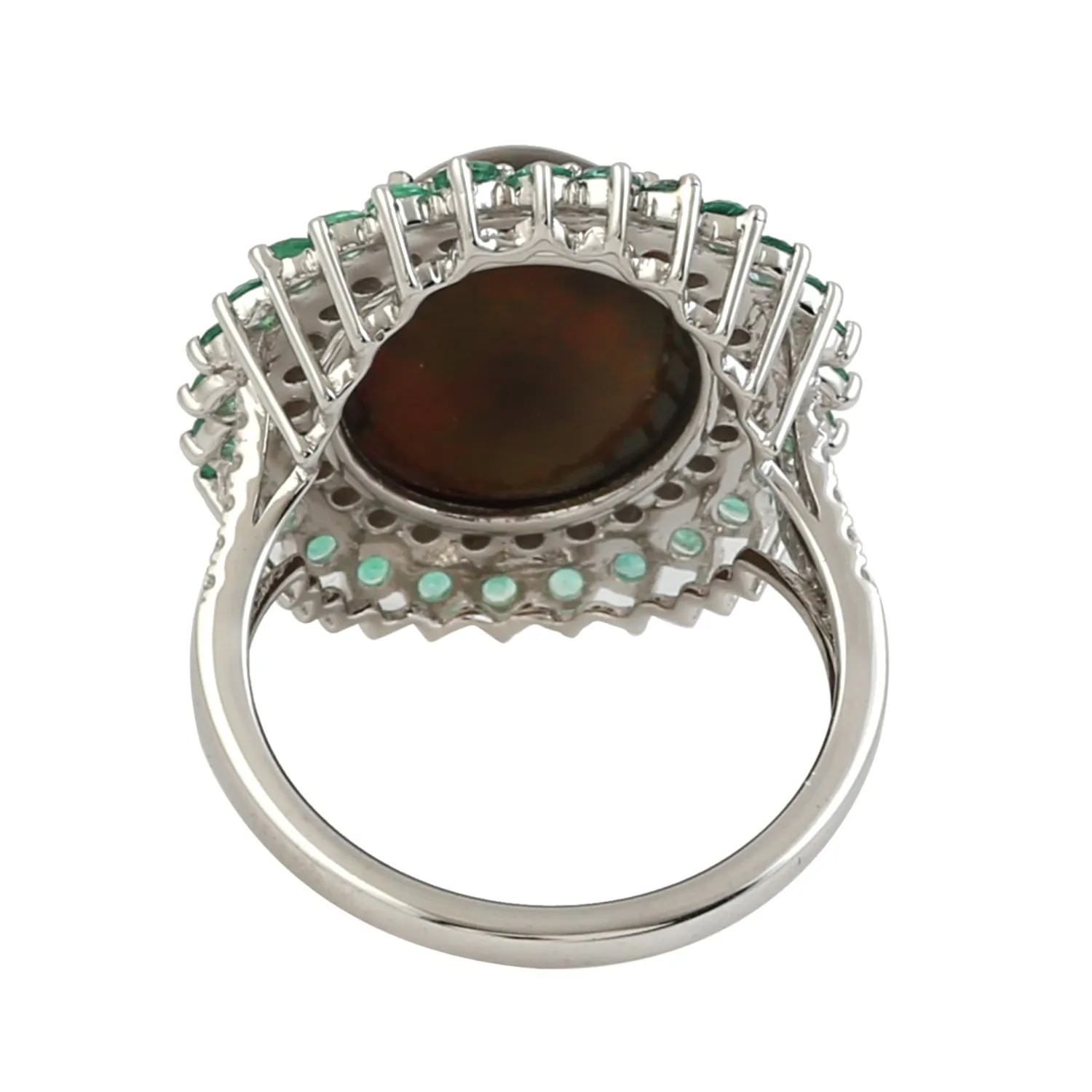 Oval Cut Opal Ethiopian Prong Emerald & Diamond Wedding Ring In White Gold For Her