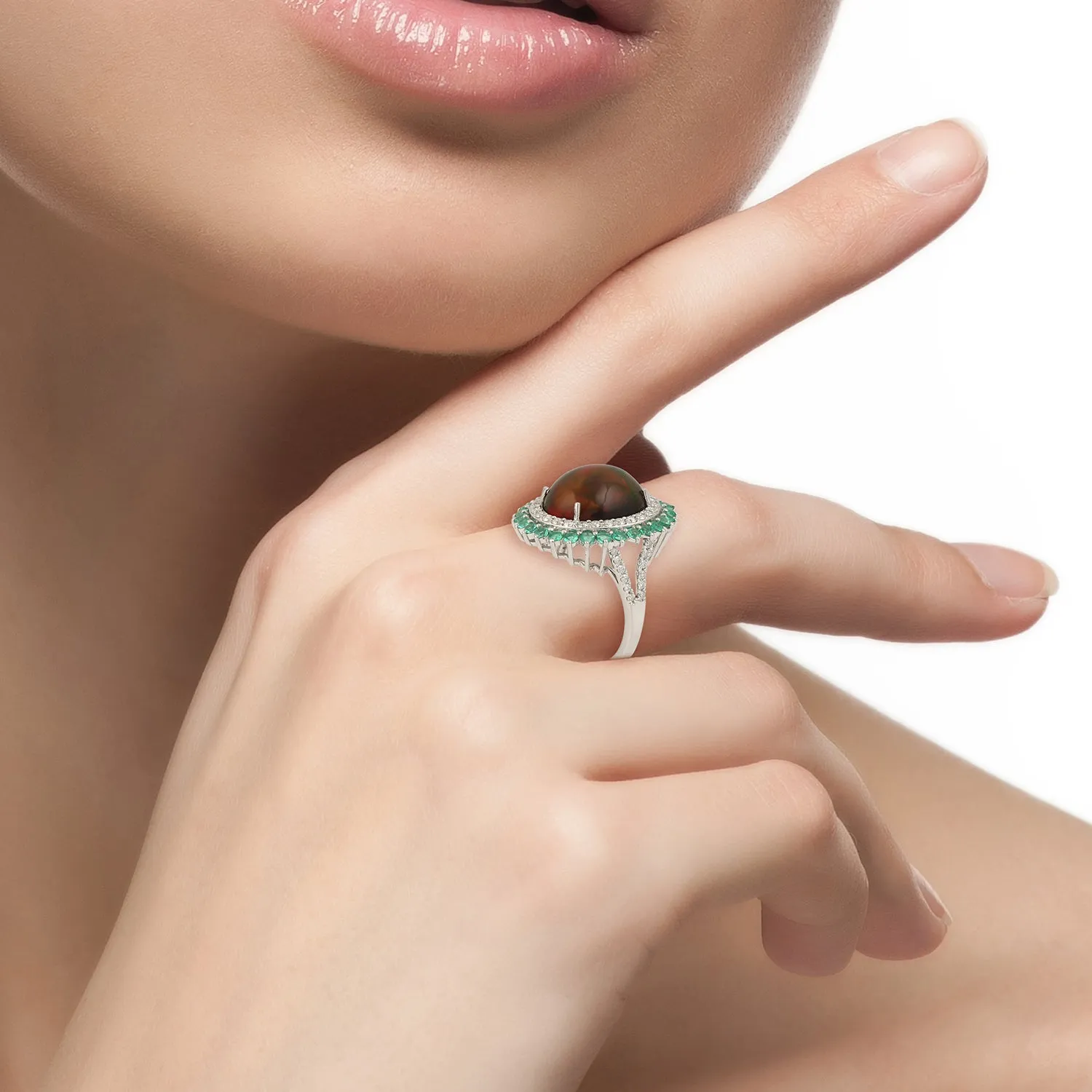 Oval Cut Opal Ethiopian Prong Emerald & Diamond Wedding Ring In White Gold For Her