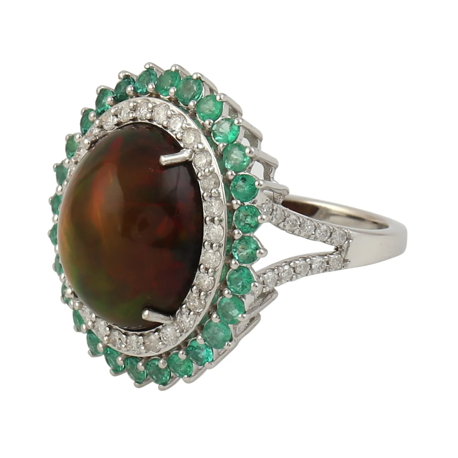 Oval Cut Opal Ethiopian Prong Emerald & Diamond Wedding Ring In White Gold For Her